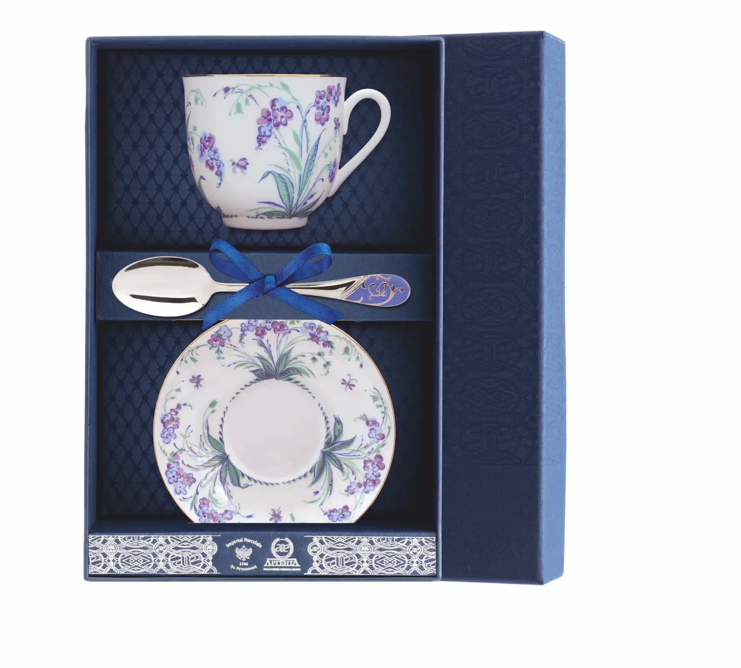 Набор чайный Ландыш - Незабудки 3 пр.: блюдце, ложка, чашка (Серебро 925) набор чайный ландыш фигурное катание блюдце ложка чашка серебро 925