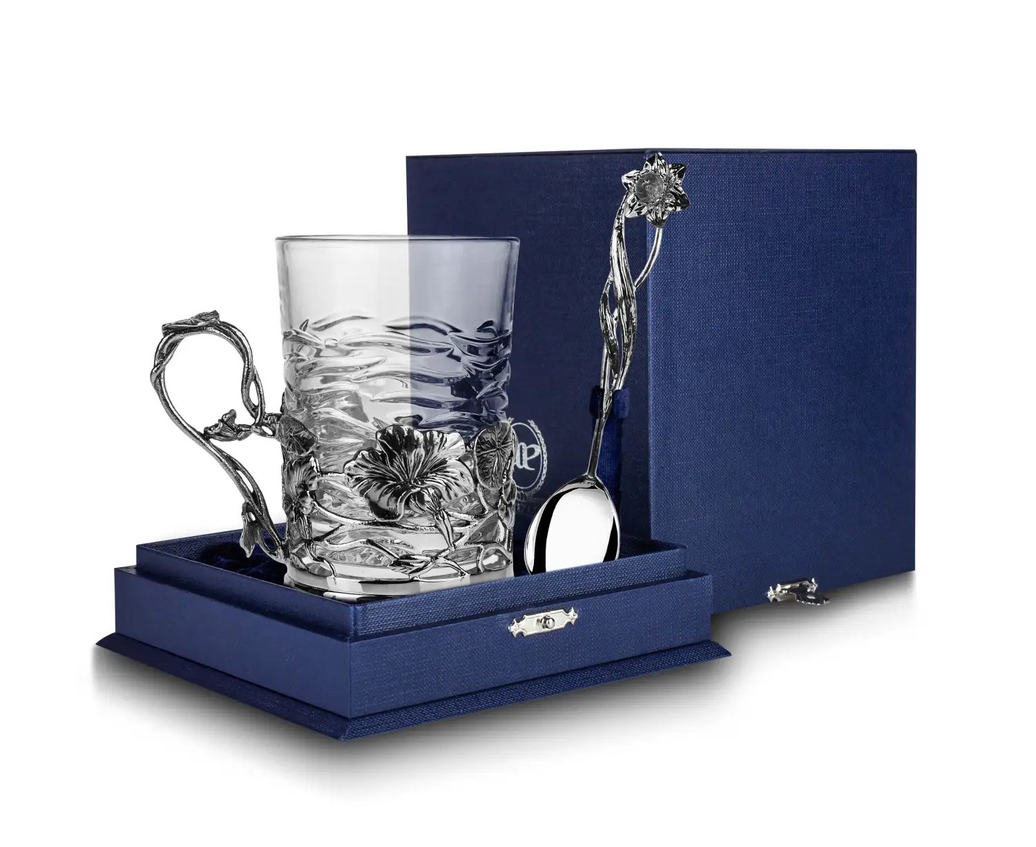 Набор для чая Настурция: ложка, стакан, подстаканник (Серебро 925) набор для чая георгий победоносец ложка стакан подстаканник серебро 925