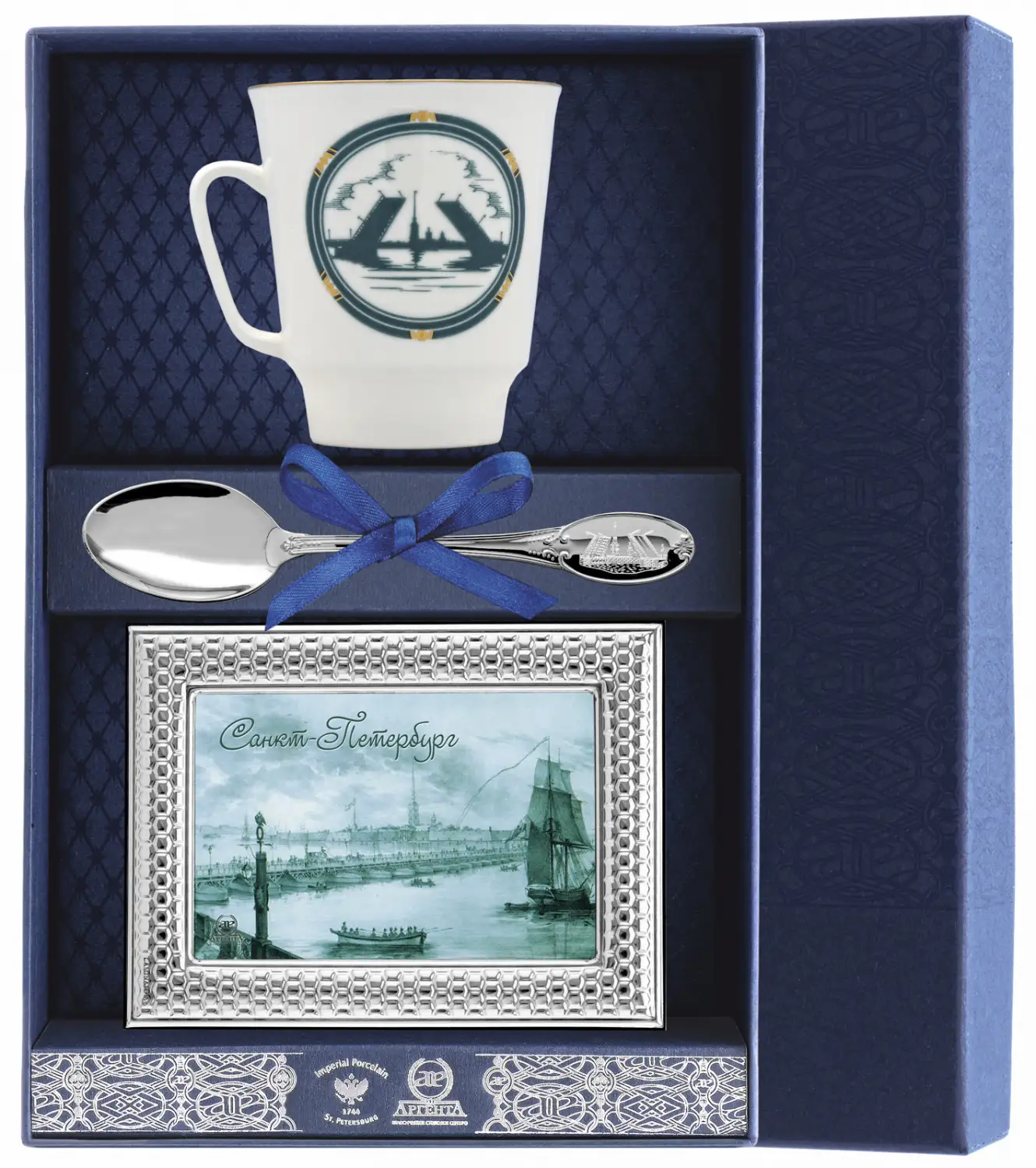 Набор чайный Майская Санкт-Петербург - Троицкий мост: ложка, рамка для фото, чашка (Серебро 925)