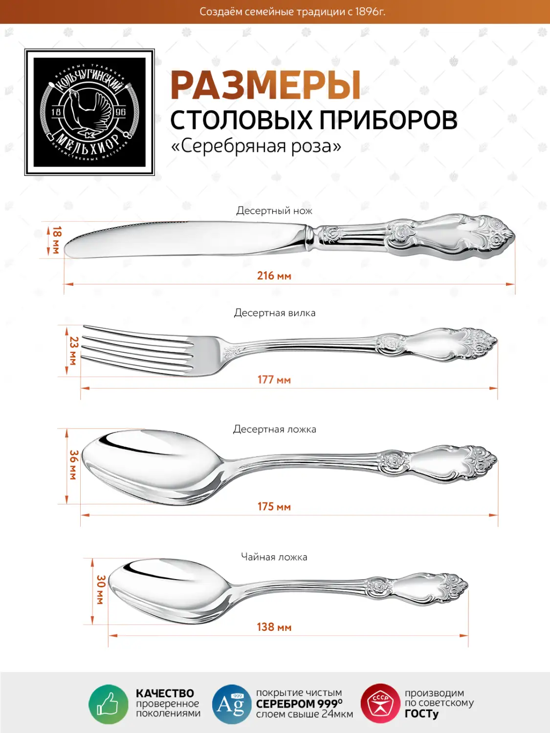 Набор десертный "Серебряная Роза": вилка, ложка, нож, чайная ложка посеребренный