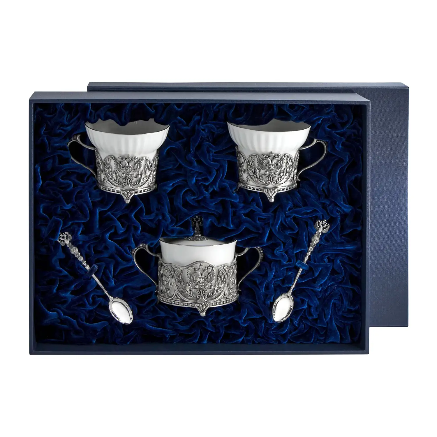 Набор Герб: ложка, чашка, сахарница (Серебро 925) набор королевская охота ложка чашка сахарница серебро 925