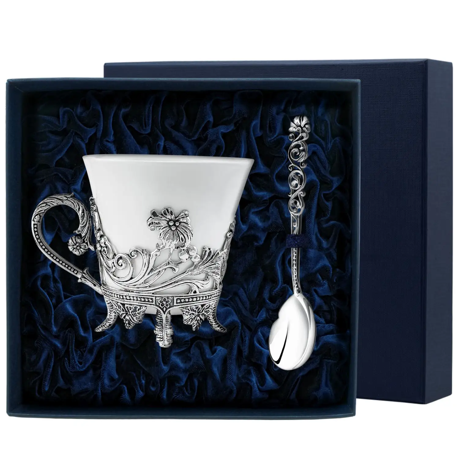 набор чашка чайная симфония ложка из серебра Набор чашка чайная Цветочная новая ; чашка, ложка чайная (Серебро 925)