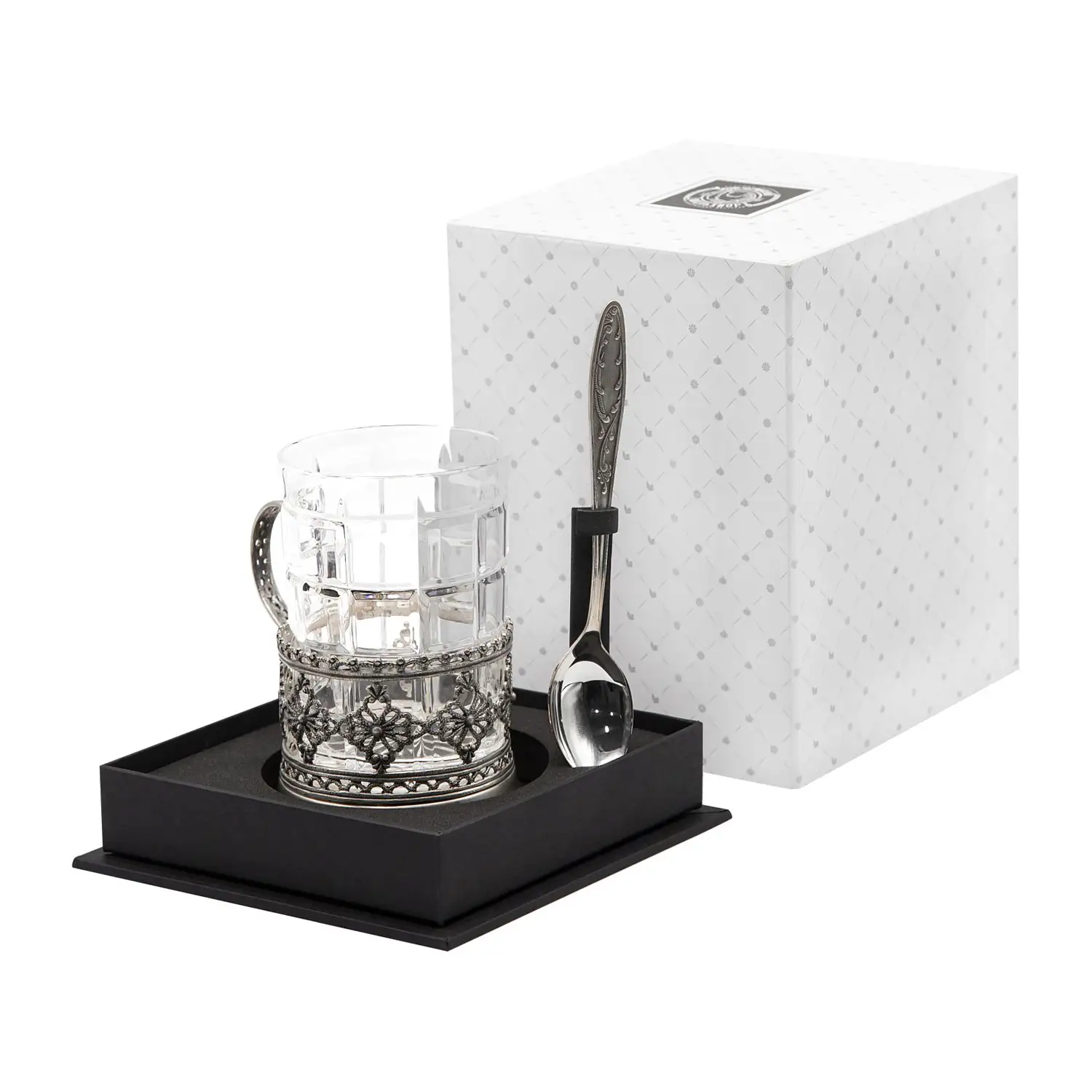 Набор для чая Ажур: ложка, стакан, подстаканник посеребренный с чернением набор для чая герб литой посеребренный с чернением