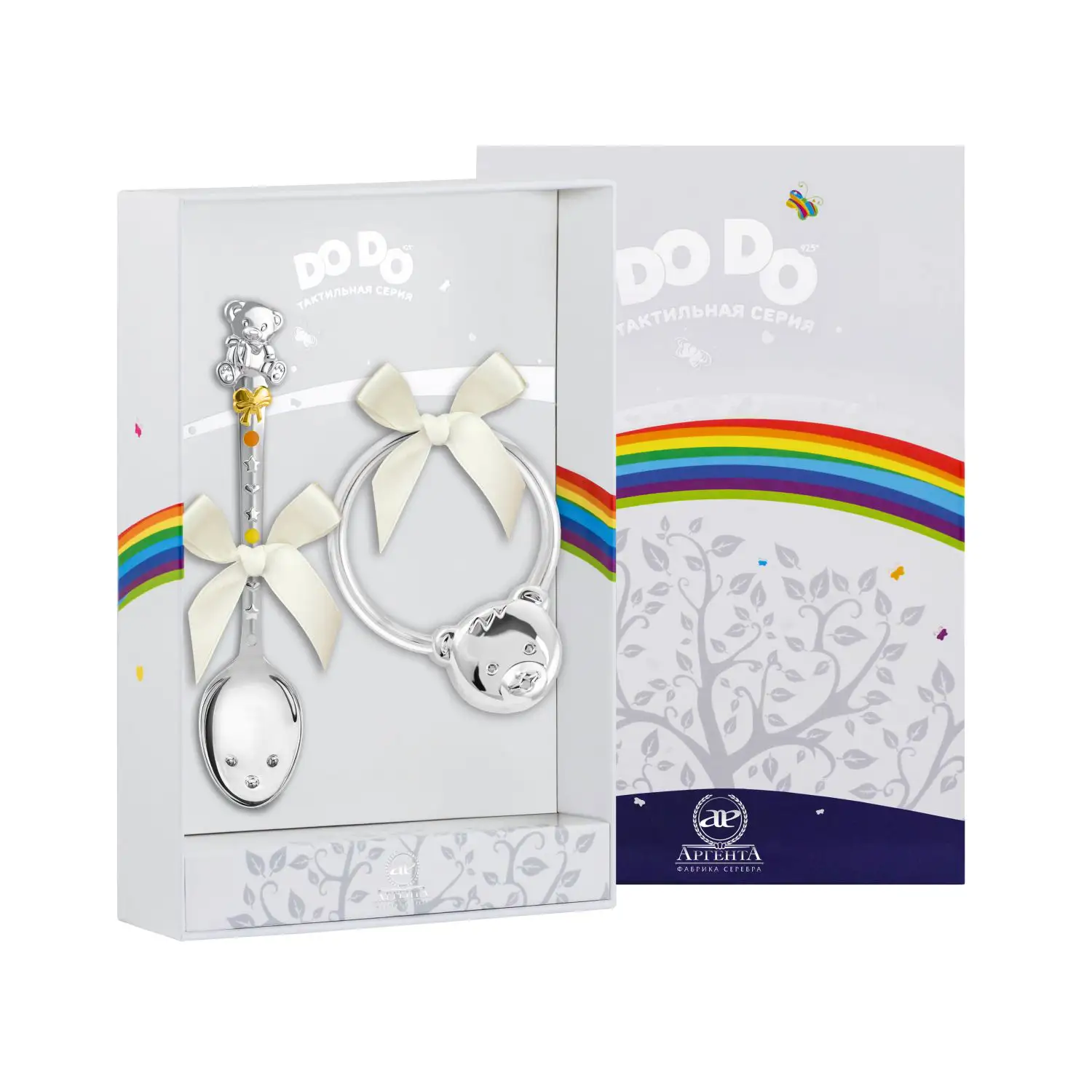 Набор для малышей DODO Мишка с бантом: ложка и погремушка с позолотой (Серебро 925) ложка детская dodo мишка с бантом с чернением серебро 925