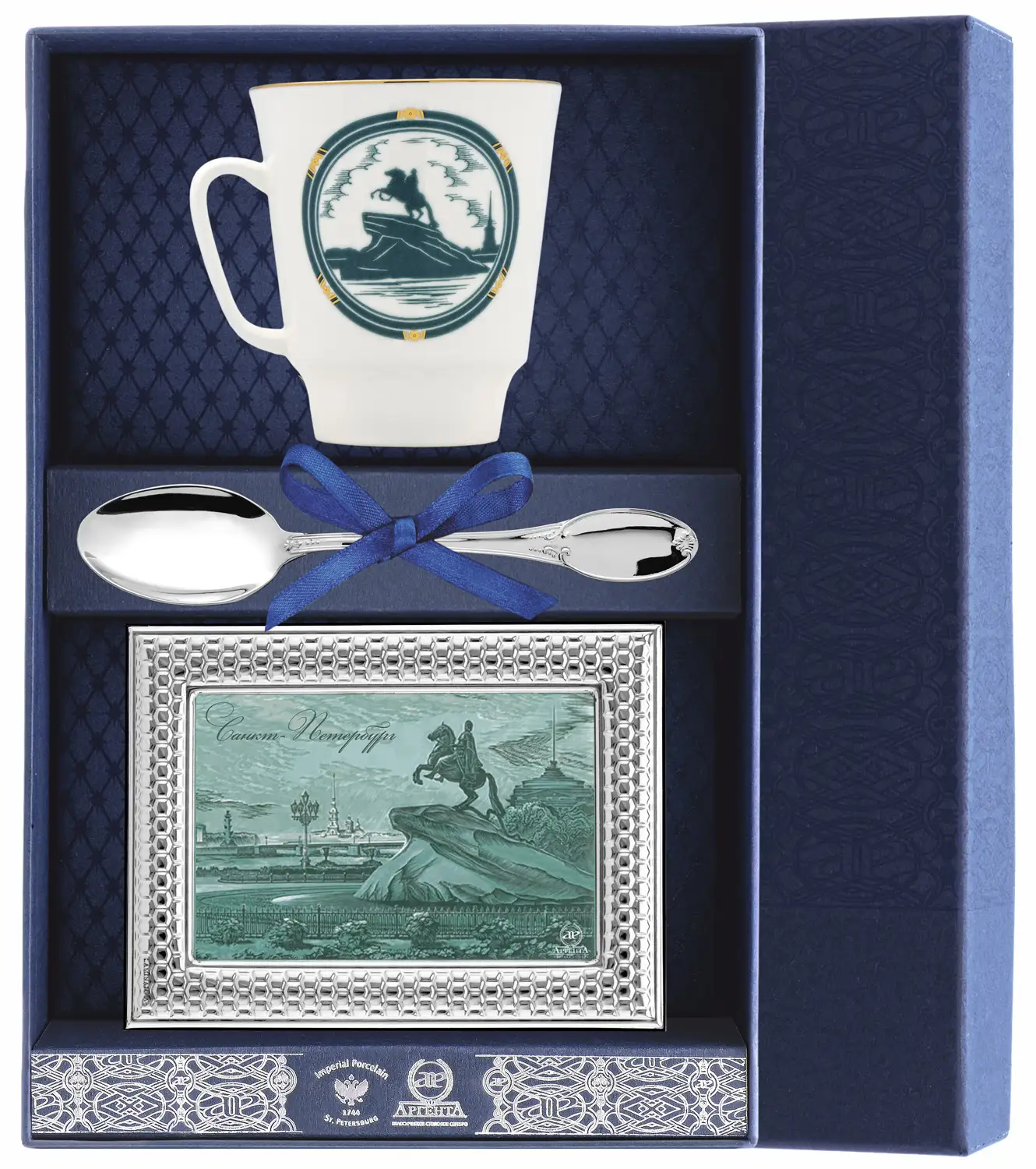Набор чайный Майская Санкт-Петербург - Медный всадник: ложка, рамка для фото, чашка (Серебро 925)