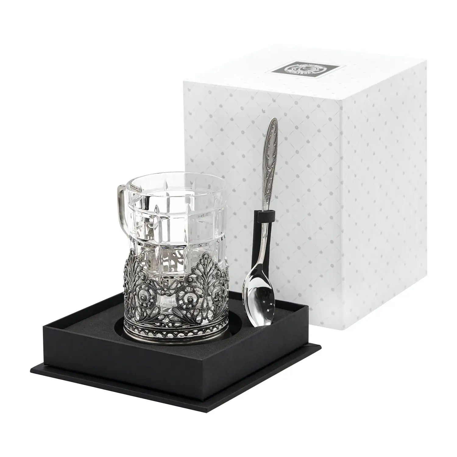 Набор для чая Скань: ложка, стакан, подстаканник посеребренный с чернением набор для чая скань ложка стакан подстаканник с чернением серебро 925