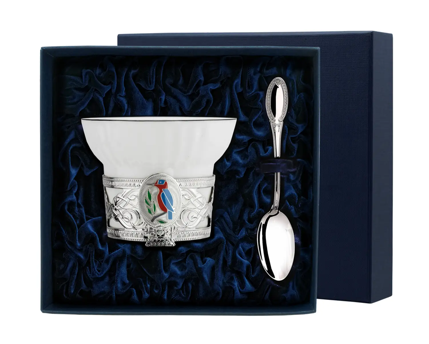 Набор чайная чашка Зимородок: ложка, чашка (Серебро 925) набор чайная чашка лебедь ложка чашка серебро 925