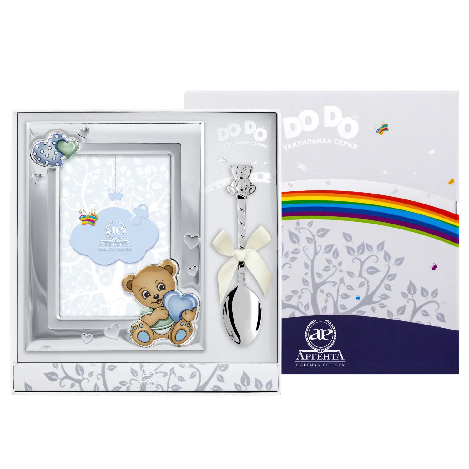 Набор детский DODO Медведь: ложка и рамка, голубой (Серебро 925) набор детский dodo слоненок ложка и рамка голубой серебро 925