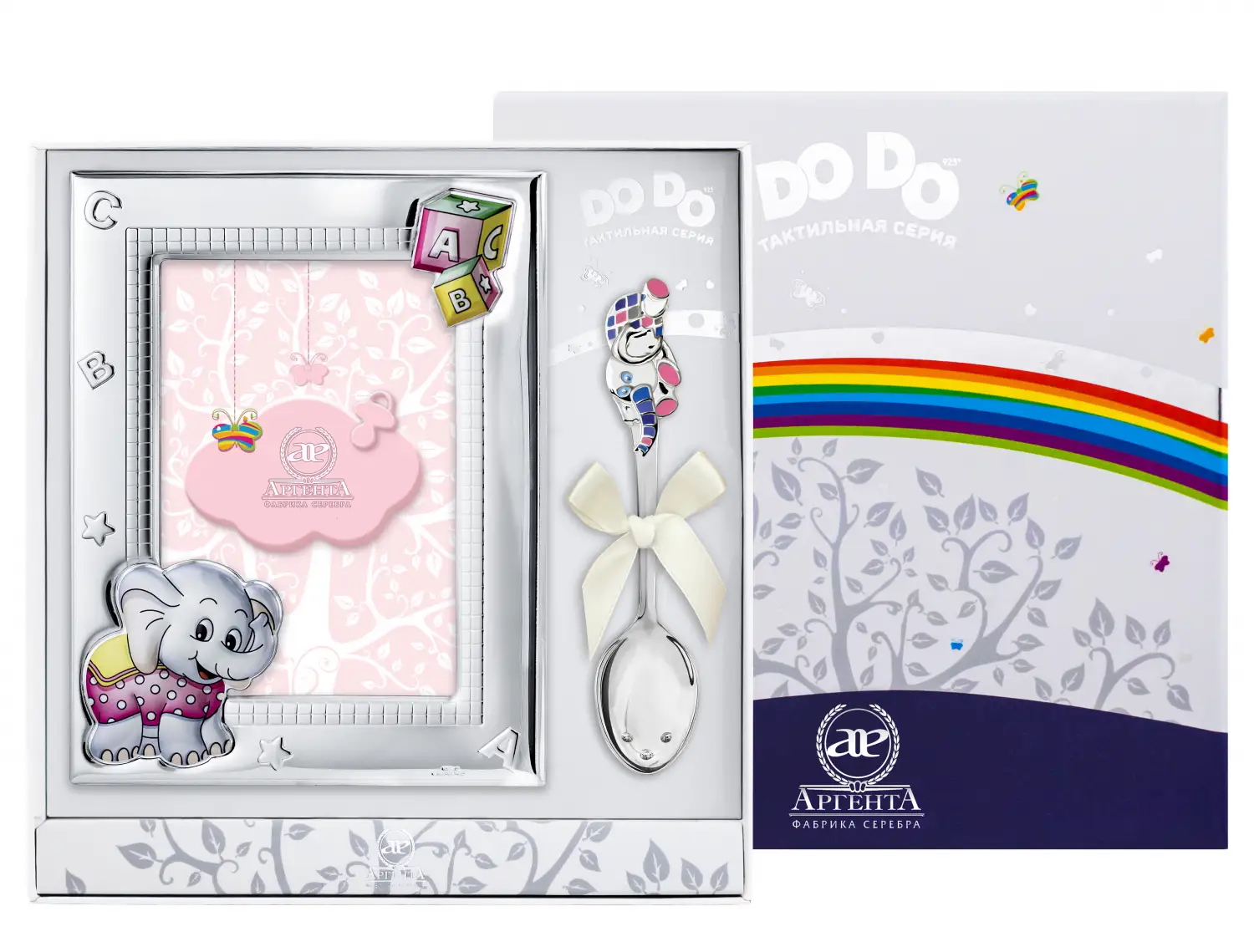 Набор детский DODO Слоненок: ложка и рамка розовый (Серебро 925) набор детский dodo медведь и воздушный шар ложка и рамка серебро 925