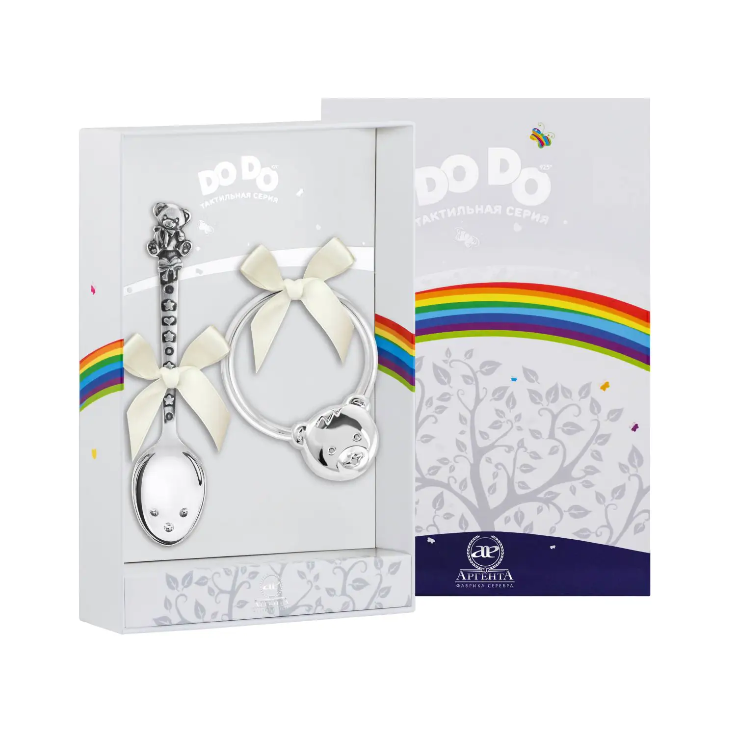 Набор для малышей DODO Мишка с бантом: ложка и погремушка (Серебро 925) ложка детская dodo мишка с бантом с чернением серебро 925