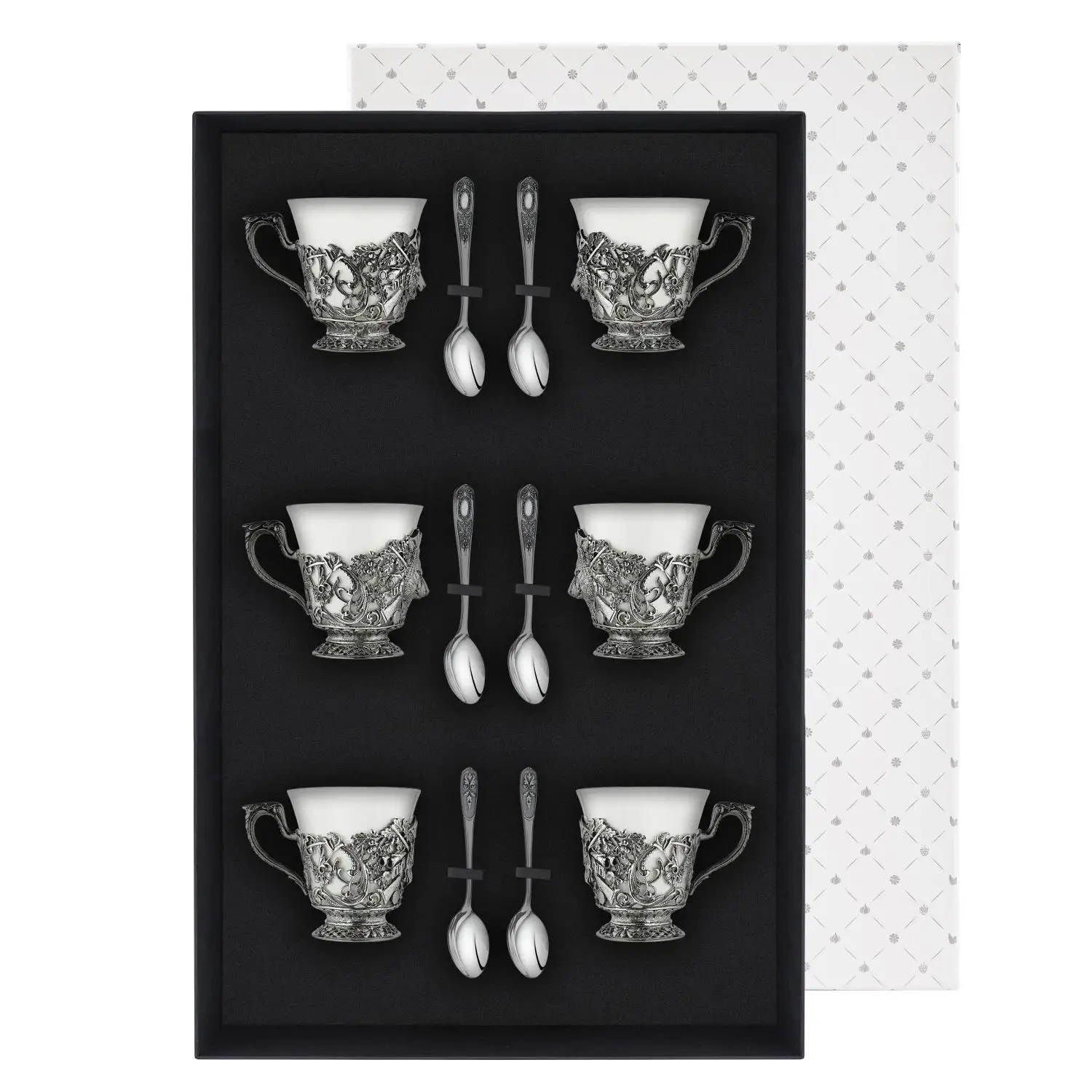 Набор чайных чашек Охотничий: ложка и чашка посеребренный с чернением