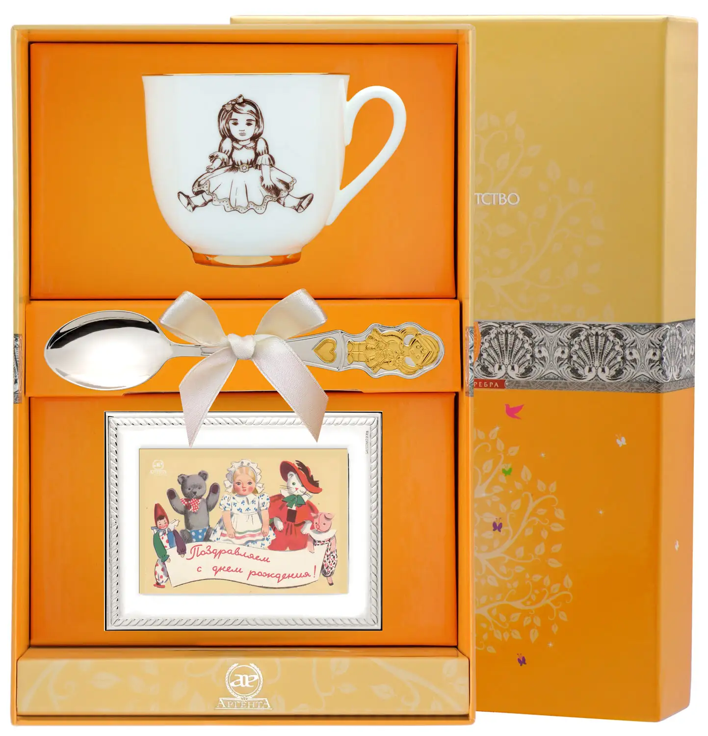 Набор детский Ландыш-Девочка: ложка, рамка для фото, чашка (Серебро 925) набор чайный ландыш желтые цветы ложка рамка для фото чашка серебро 925