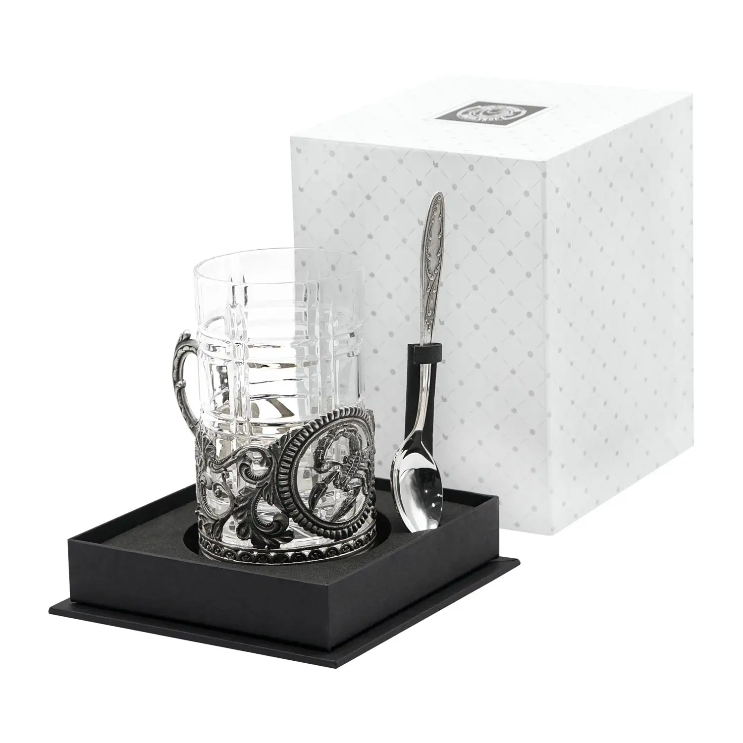 Набор для чая Скорпион: ложка, стакан, подстаканник посеребренный с чернением набор для чая герб литой посеребренный с чернением