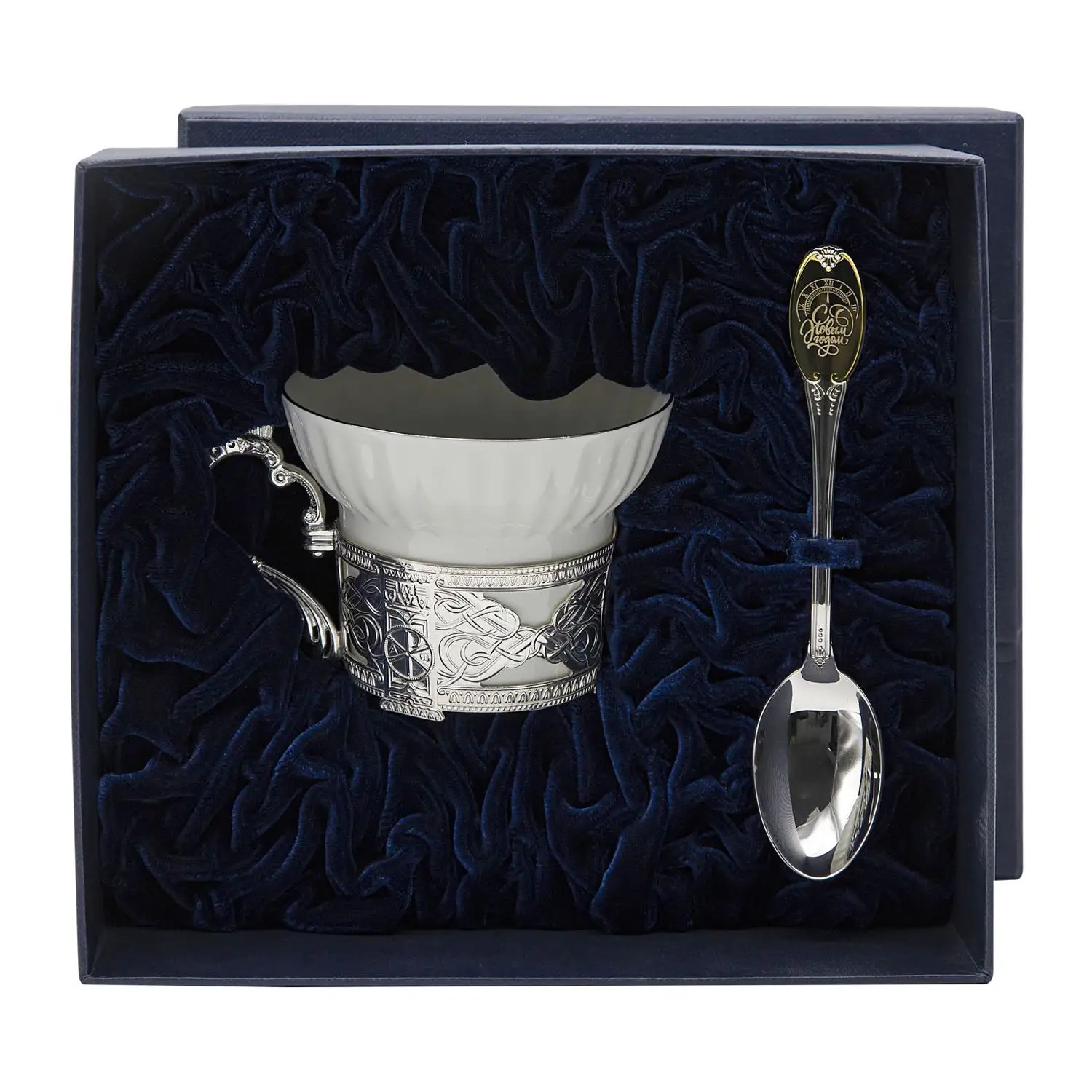 Набор чайный Куранты с позолотой: ложка, чашка (Серебро 925)