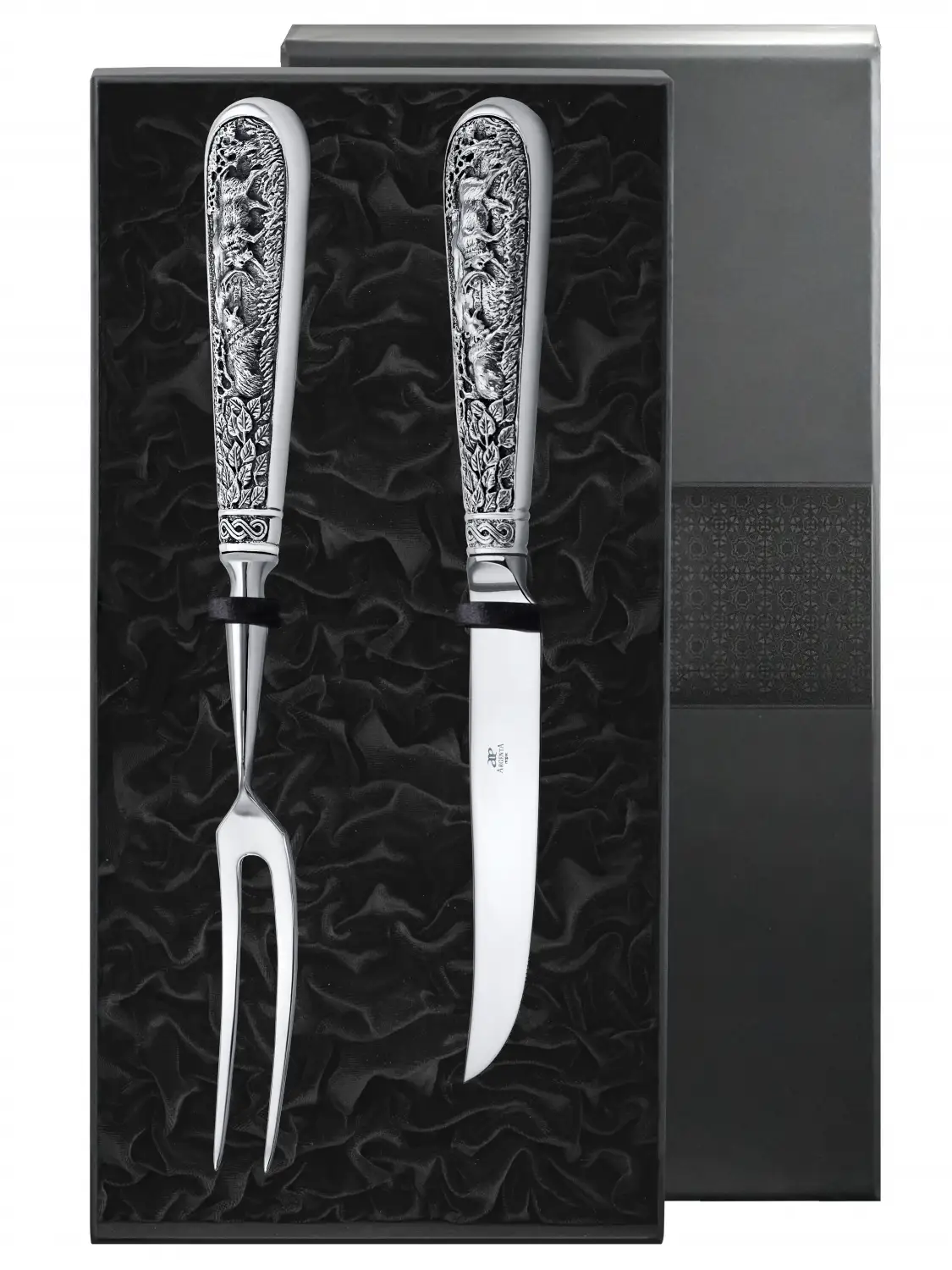 нож для мяса лось посеребренный полированный с чернением Набор для стейка Лось: вилка для мяса, нож для мяса посеребренный