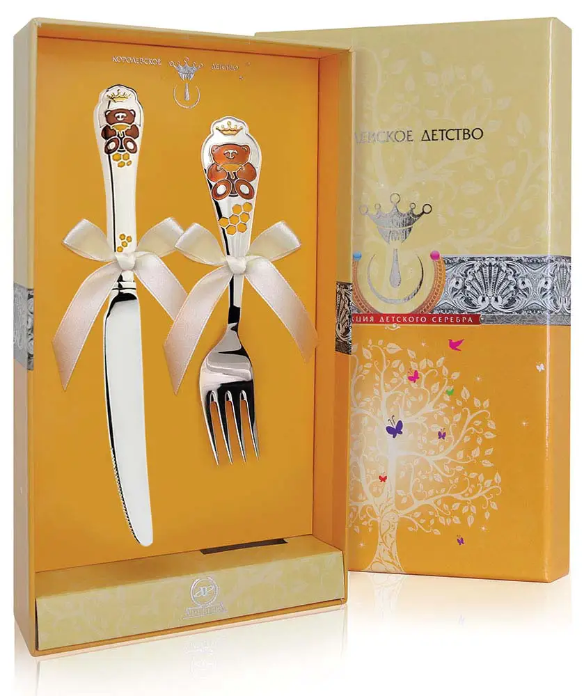 Набор детский КД Мишка: вилка и нож с позолотой с эмалью (Серебро 925)