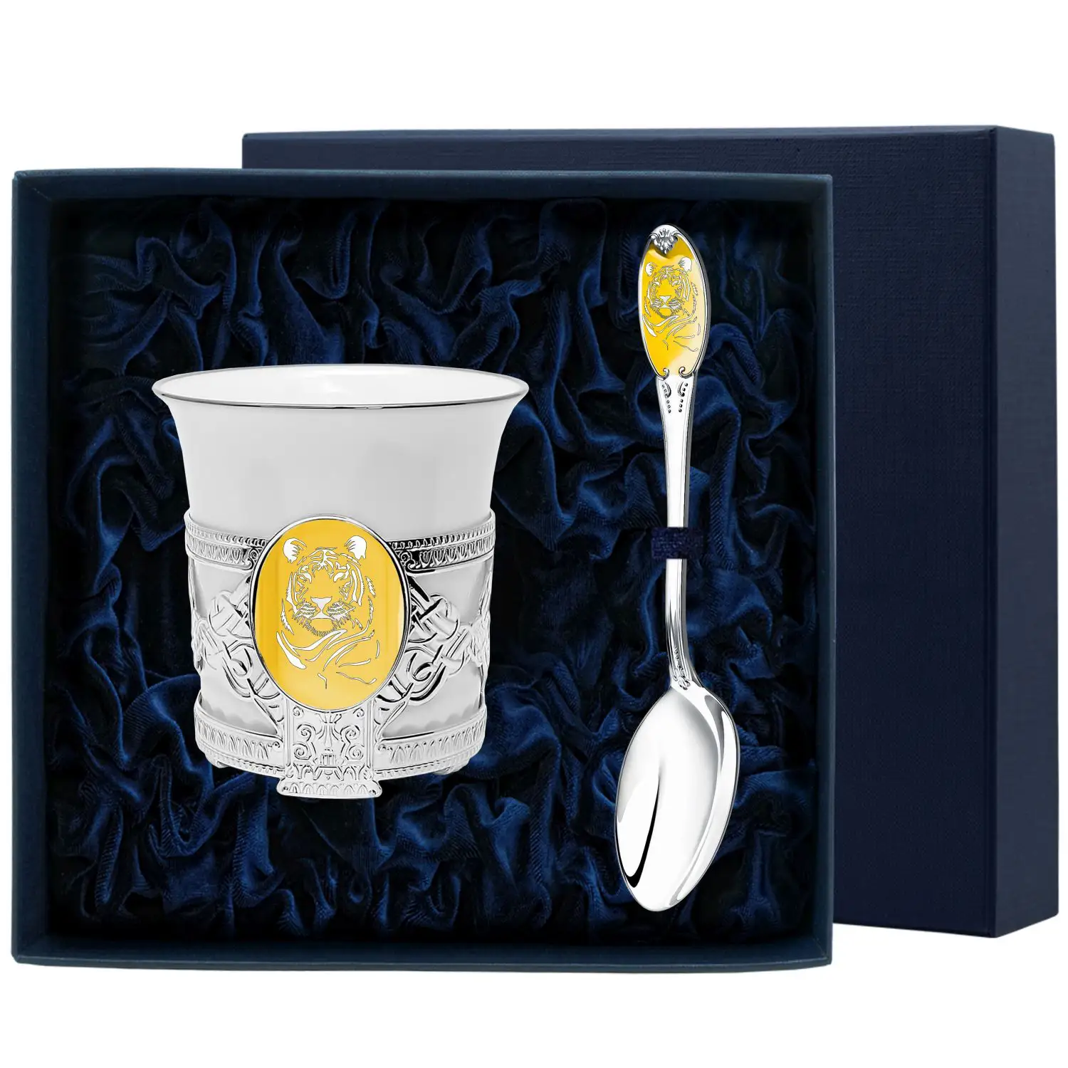 Набор кофейный Август-Октавиан с логотипом Тигр с позолотой: ложка, чашка (Серебро 925) набор чайный тигр с позолотой ложка чашка серебро 925