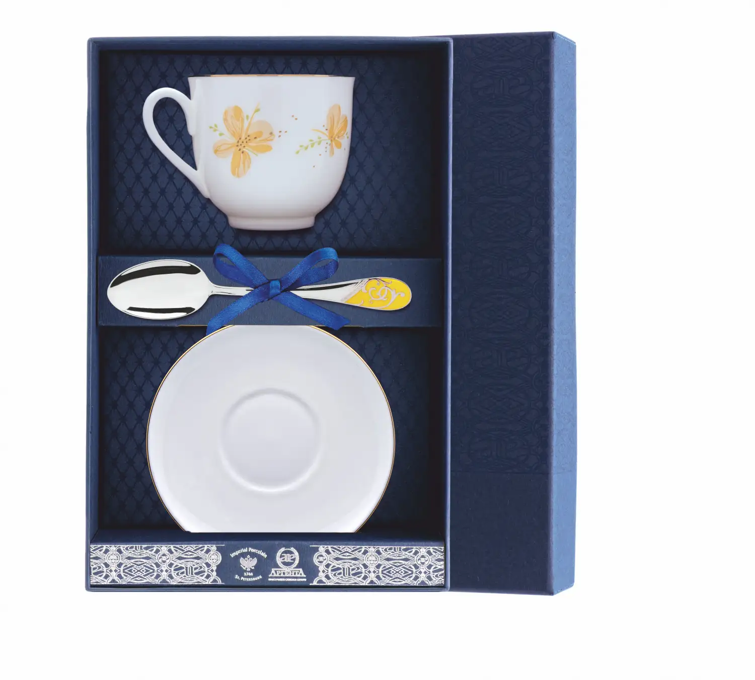 Набор чайный Ландыш - Желтые цветы: блюдце, ложка, чашка (Серебро 925) цена и фото