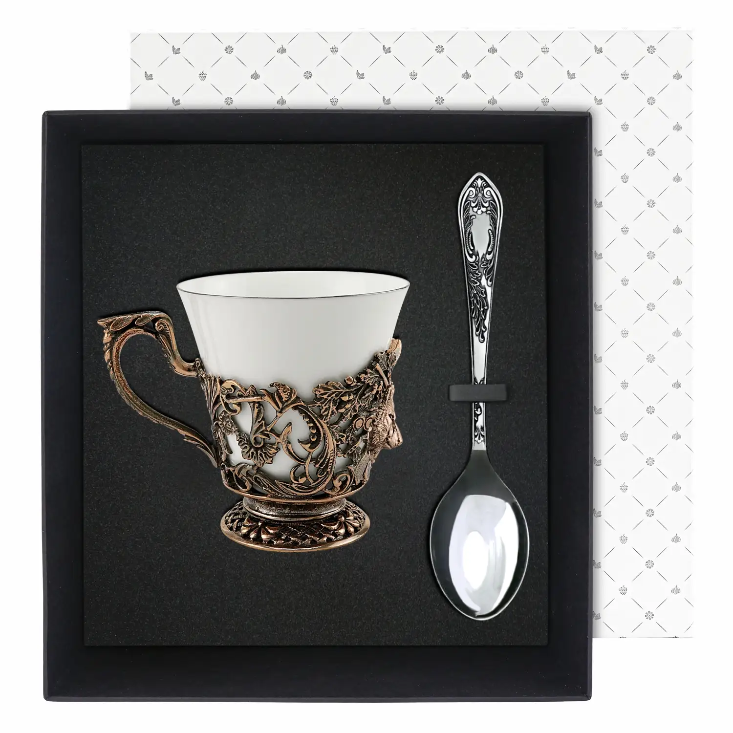 Набор чашек чайных "Охотничья" медный с чернением 2 предмета (чашка+ложка)