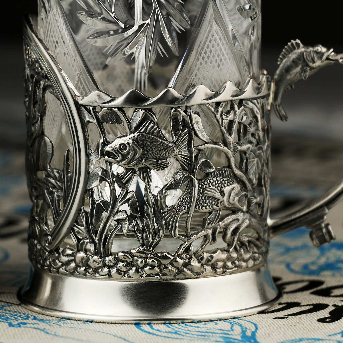 Фото Набор для чая "Рыбацкий": ложка, стакан, подстаканник посеребренный с чернением №5