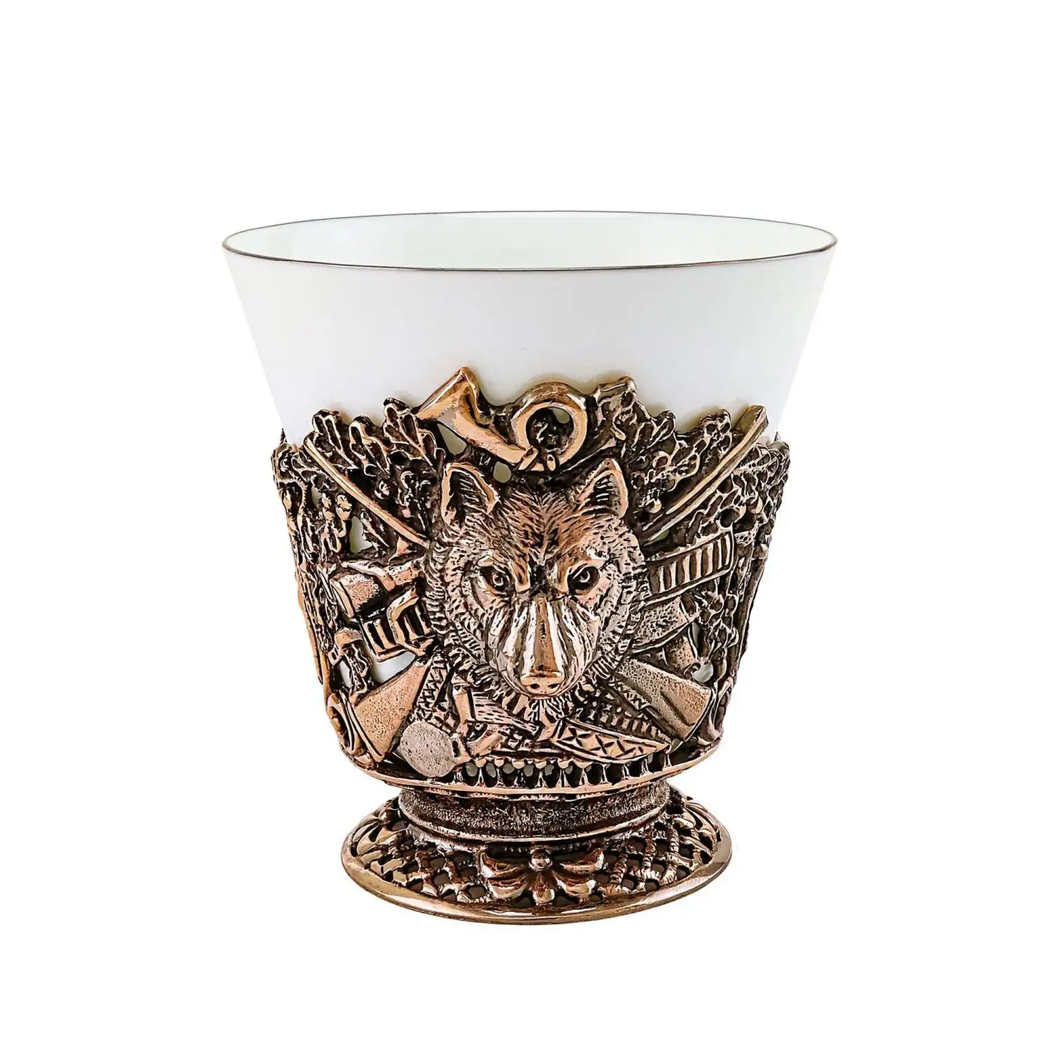 Набор чашек чайных "Волк Медведь" медный с чернением 4 предмета (чашка+ложка)