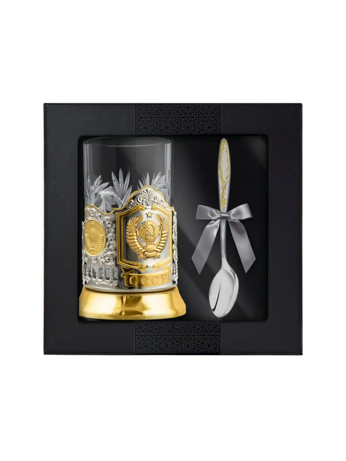 Набор для чая Герб СССР: ложка, подстаканник, стакан никелированный с позолотой набор для чая герб ложка стакан подстаканник с позолотой серебро 925