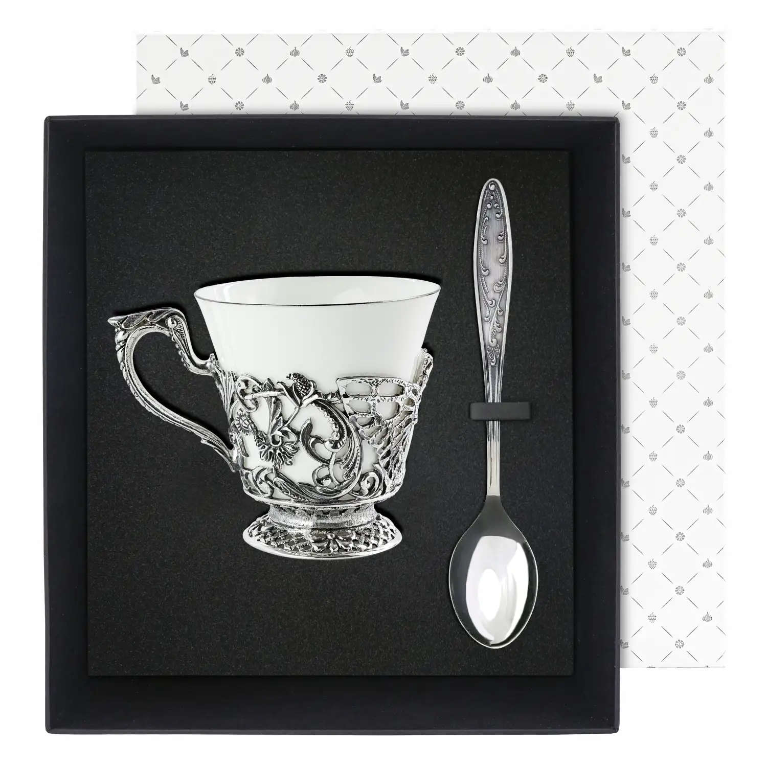 Набор чашка чайная "Фея" посеребренная с чернением 2 предмета