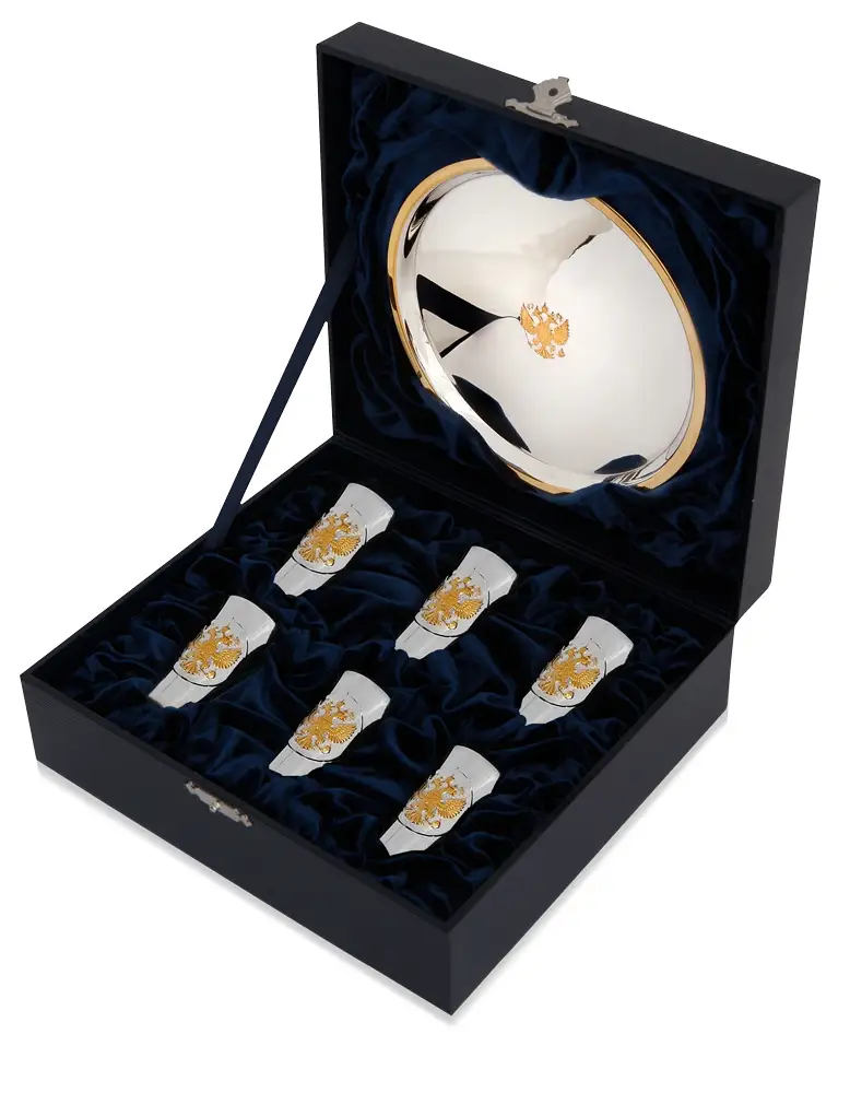 Набор стопок с подносом Герб полированный с позолотой (Серебро 925) подарки подарочный набор стопок рыбак с позолотой 6 штук