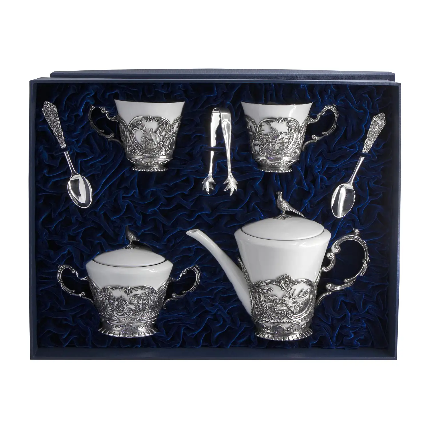 Набор Королевская охота: ложка, чашка, чайник, сахарница (Серебро 925) чайник королевская охота серебро 925