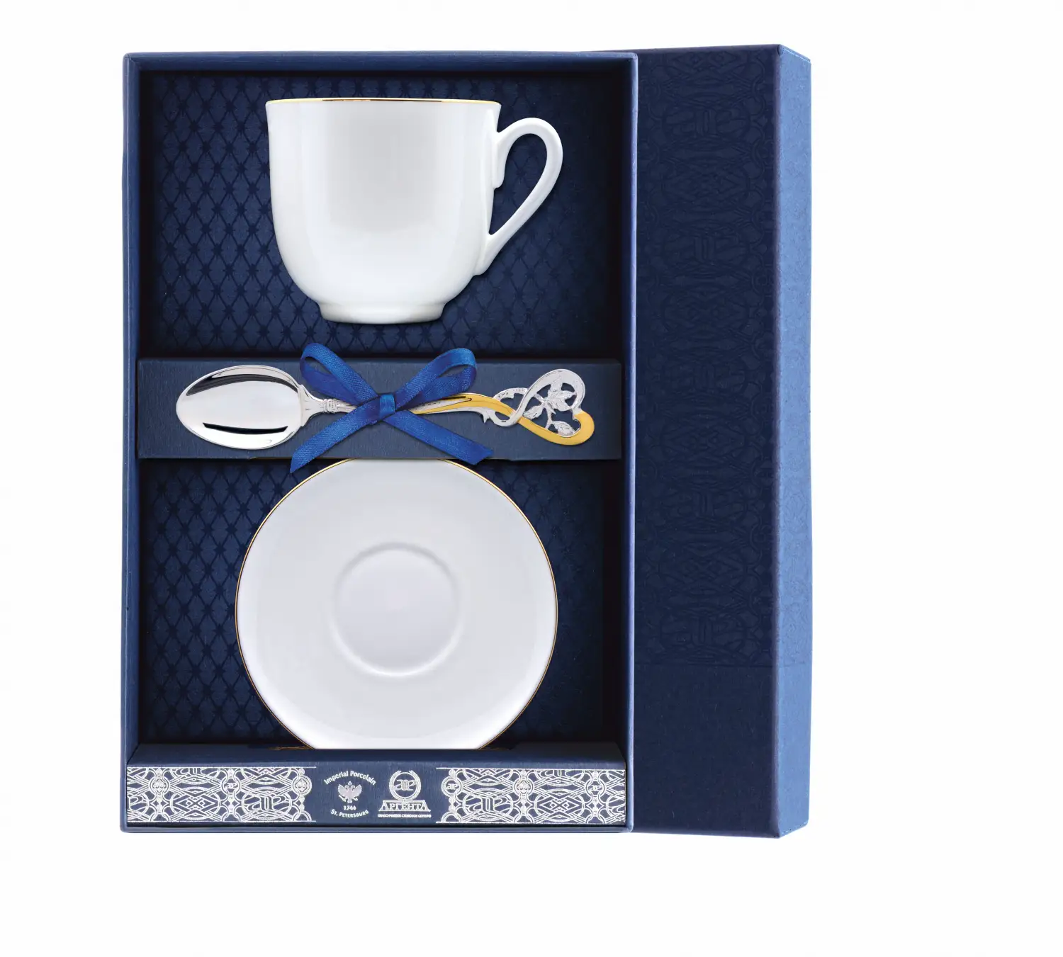 цена Набор чайный Ландыш - Золотой кантик: блюдце, ложка, чашка (Серебро 925)