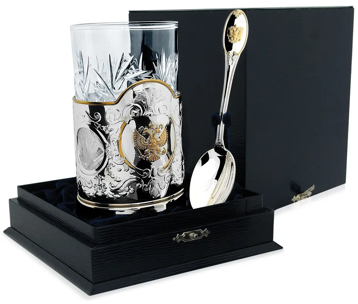 Набор для чая Герб: ложка, стакан, подстаканник с позолотой (Серебро 925) набор для чая георгий победоносец ложка стакан подстаканник с позолотой серебро 925