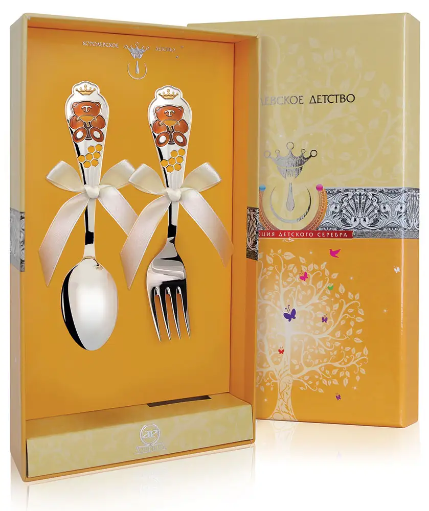 Набор детский КД Мишка: вилка и ложка с позолотой с эмалью (Серебро 925) набор детский тактильный мишка ложка и рамка розовая с эмалью