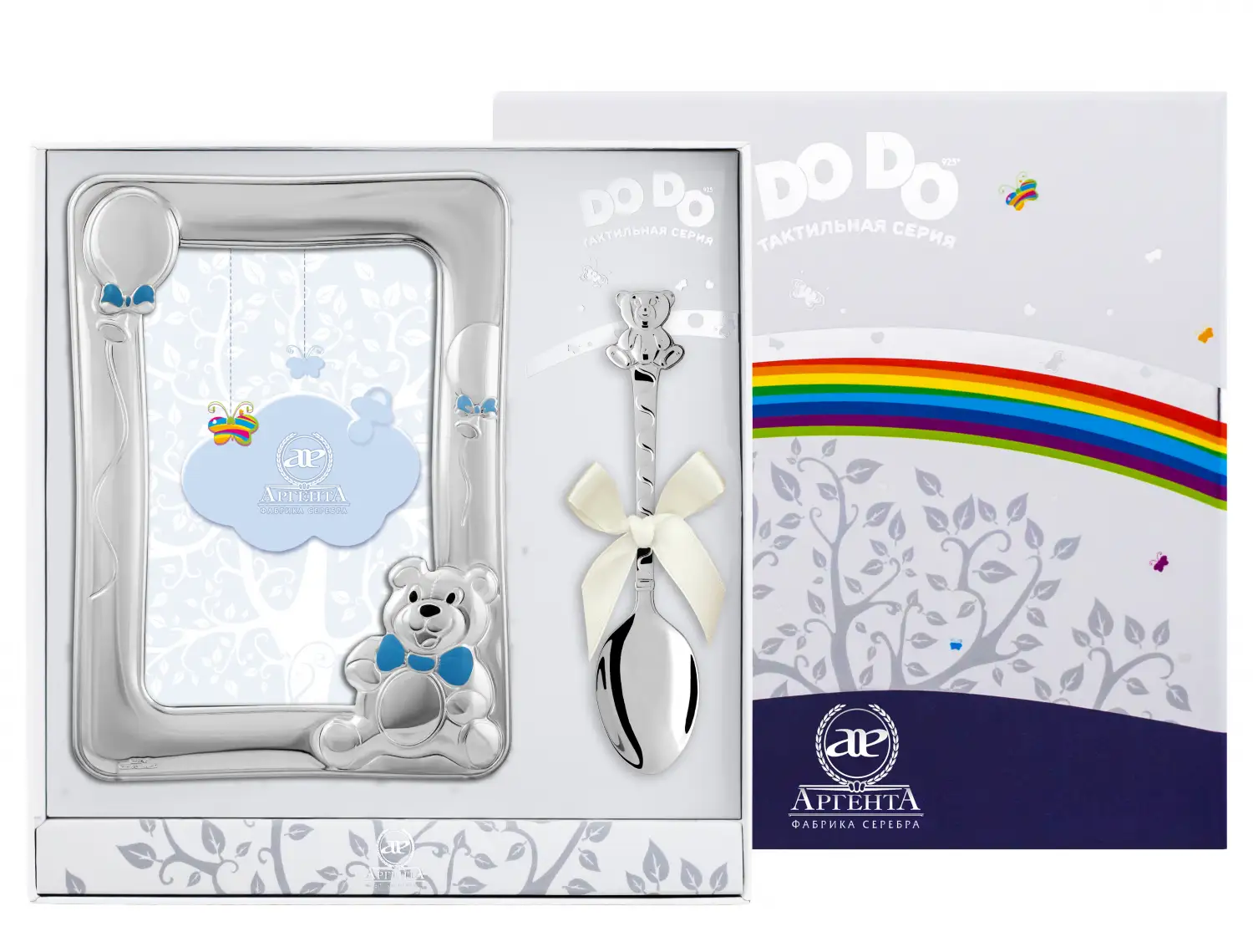 Набор детский DODO Медведь и воздушный шар: ложка и рамка (Серебро 925) набор детский dodo слоненок ложка и рамка голубой серебро 925