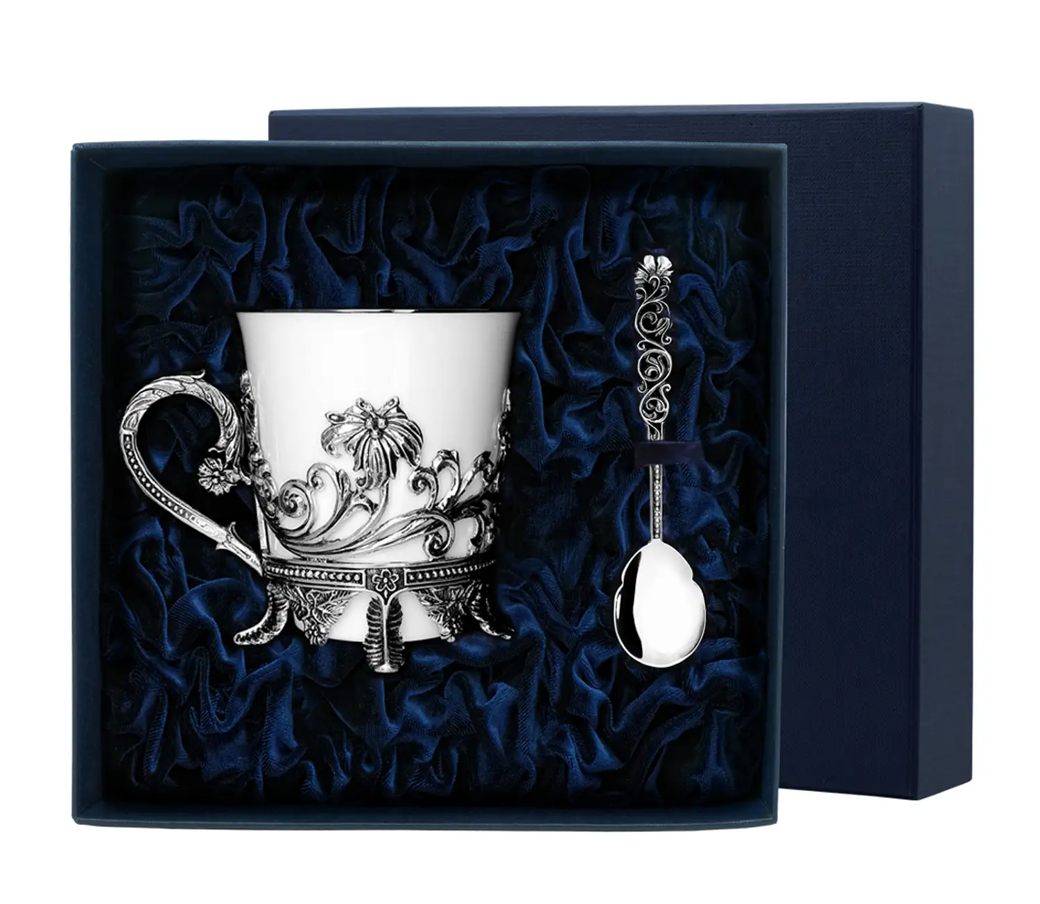 Набор чайная чашка Цветочная: ложка, чашка (Серебро 925)