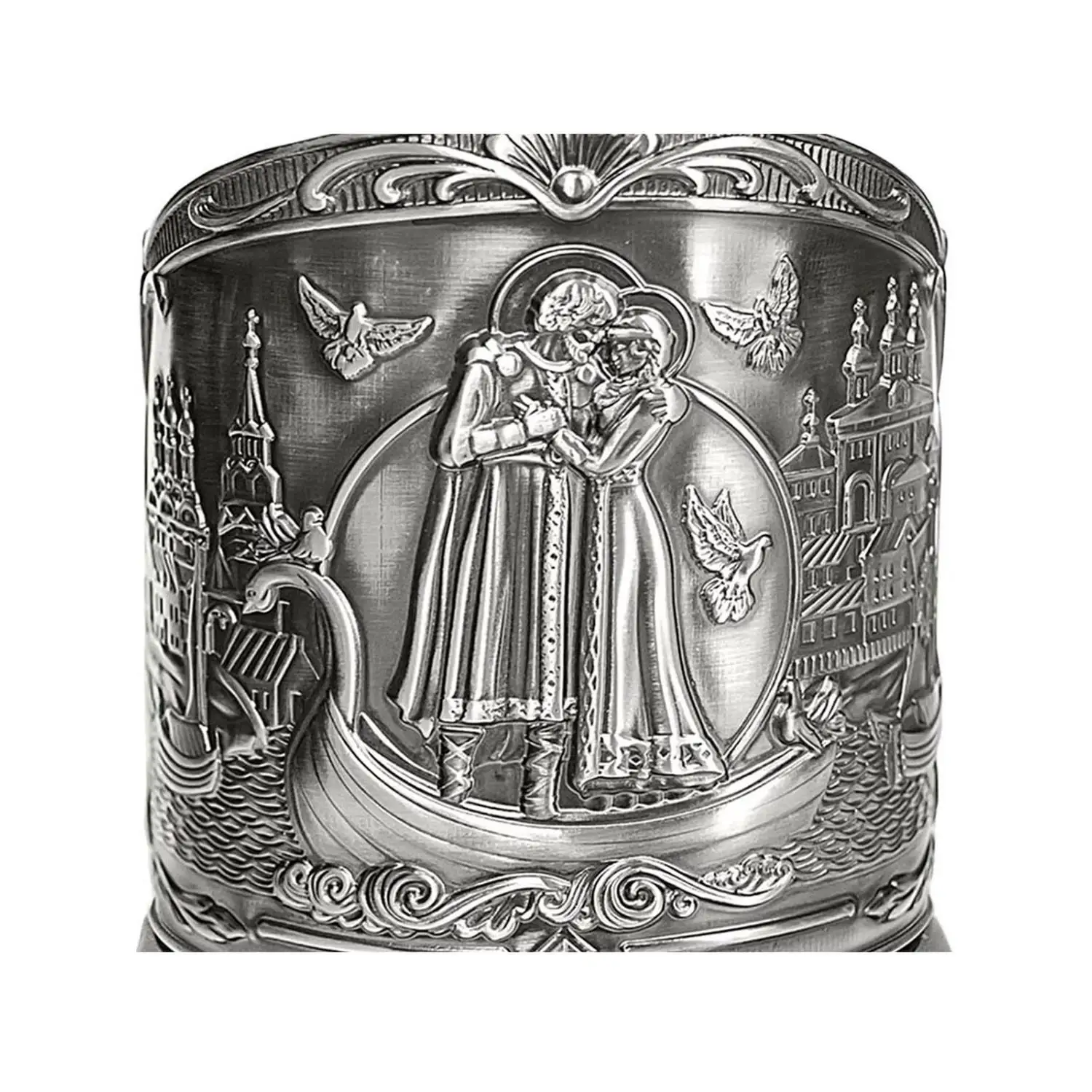 Набор для чая "Пётр и Феврония": ложка, подстаканник, стакан никелированный с чернением