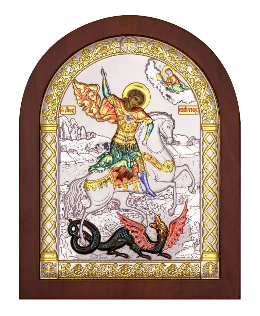 Икона арочная "Георгий Победоносец", красное дерево, эмаль 105х140