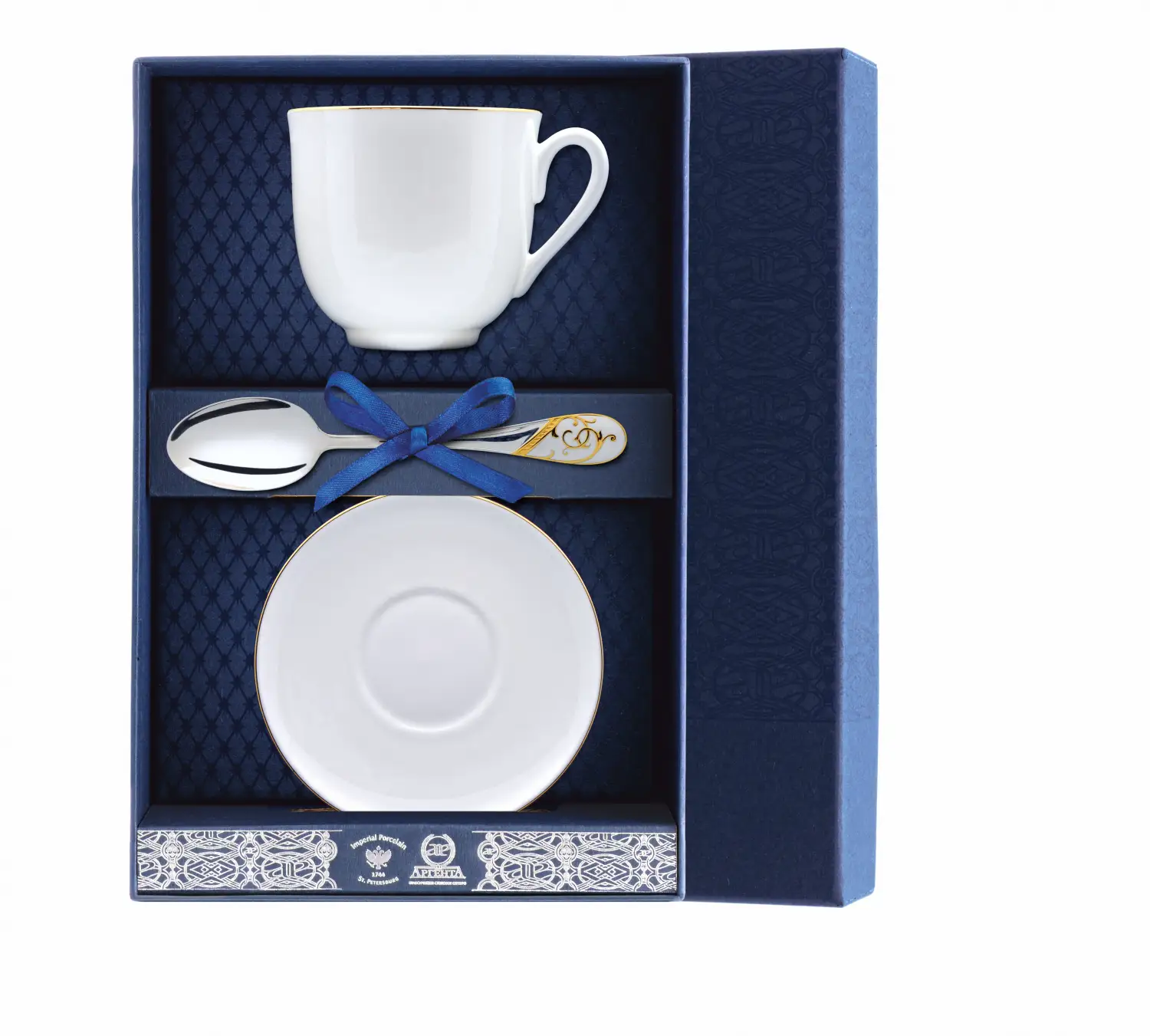 Набор чайный Ландыш - Золотой кантик: блюдце, ложка, чашка (Серебро 925) набор чайный ландыш фигурное катание блюдце ложка чашка серебро 925