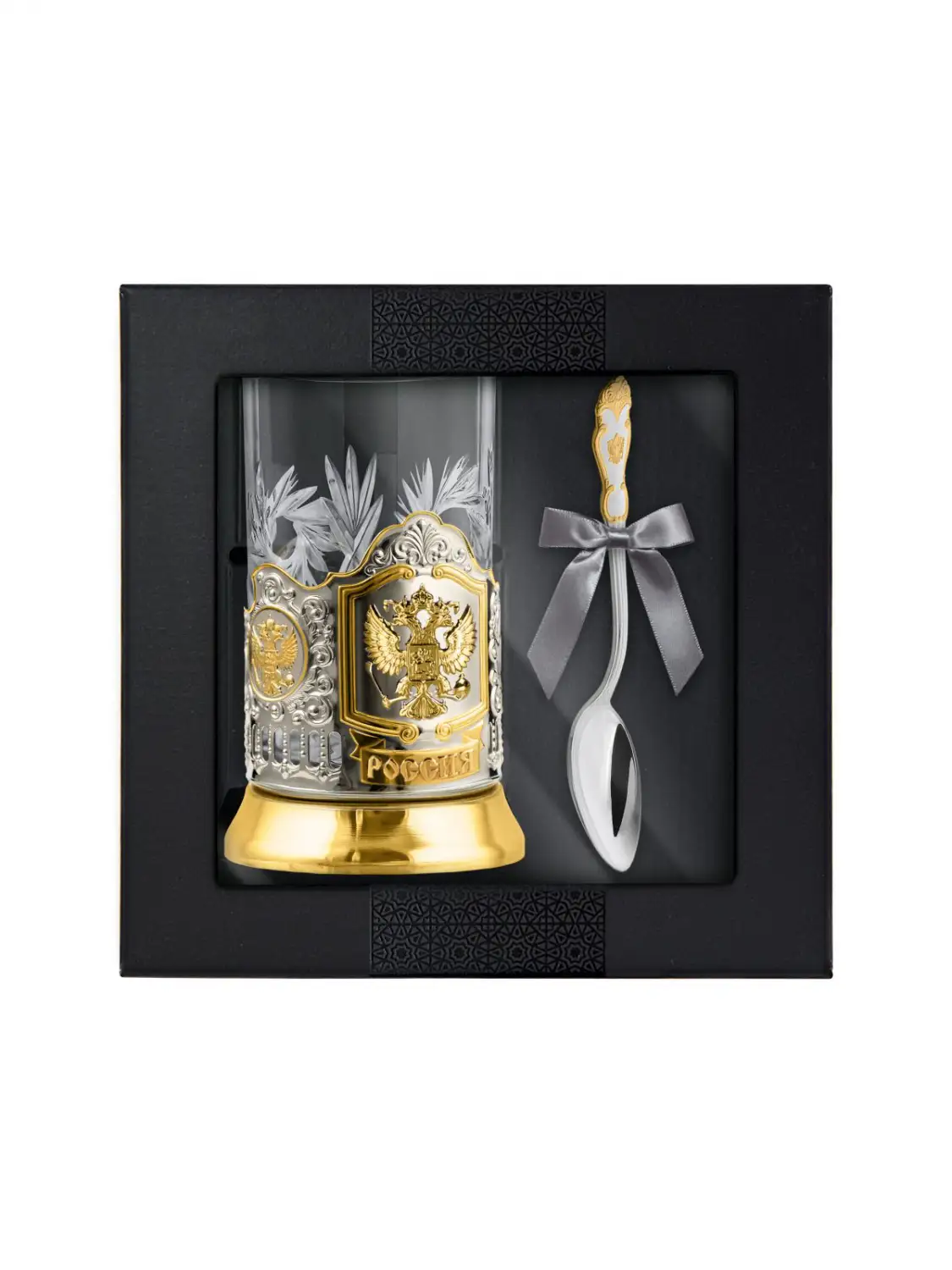 Набор для чая Герб РФ никелированный с позолотой с ложкой набор для чая герб ссср никелированный с позолотой