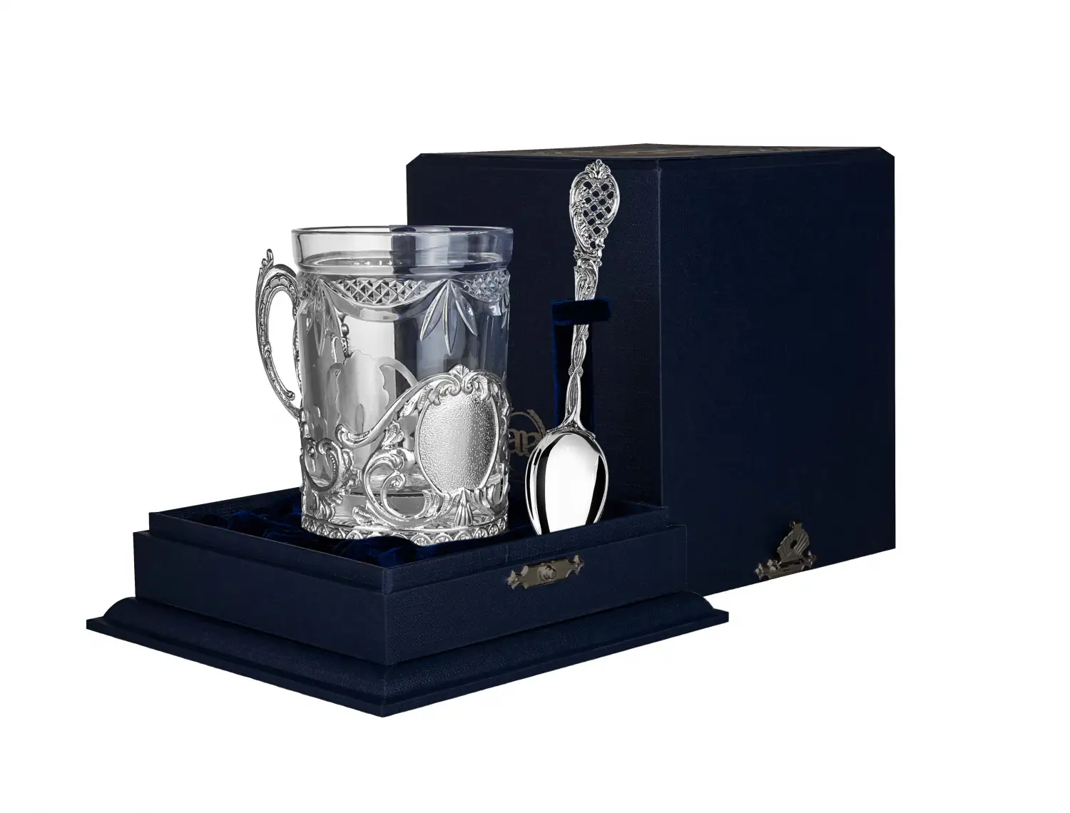 Набор для чая Визит: ложка, стакан, подстаканник (Серебро 925) набор для чая гербовый ложка стакан подстаканник с позолотой серебро 925