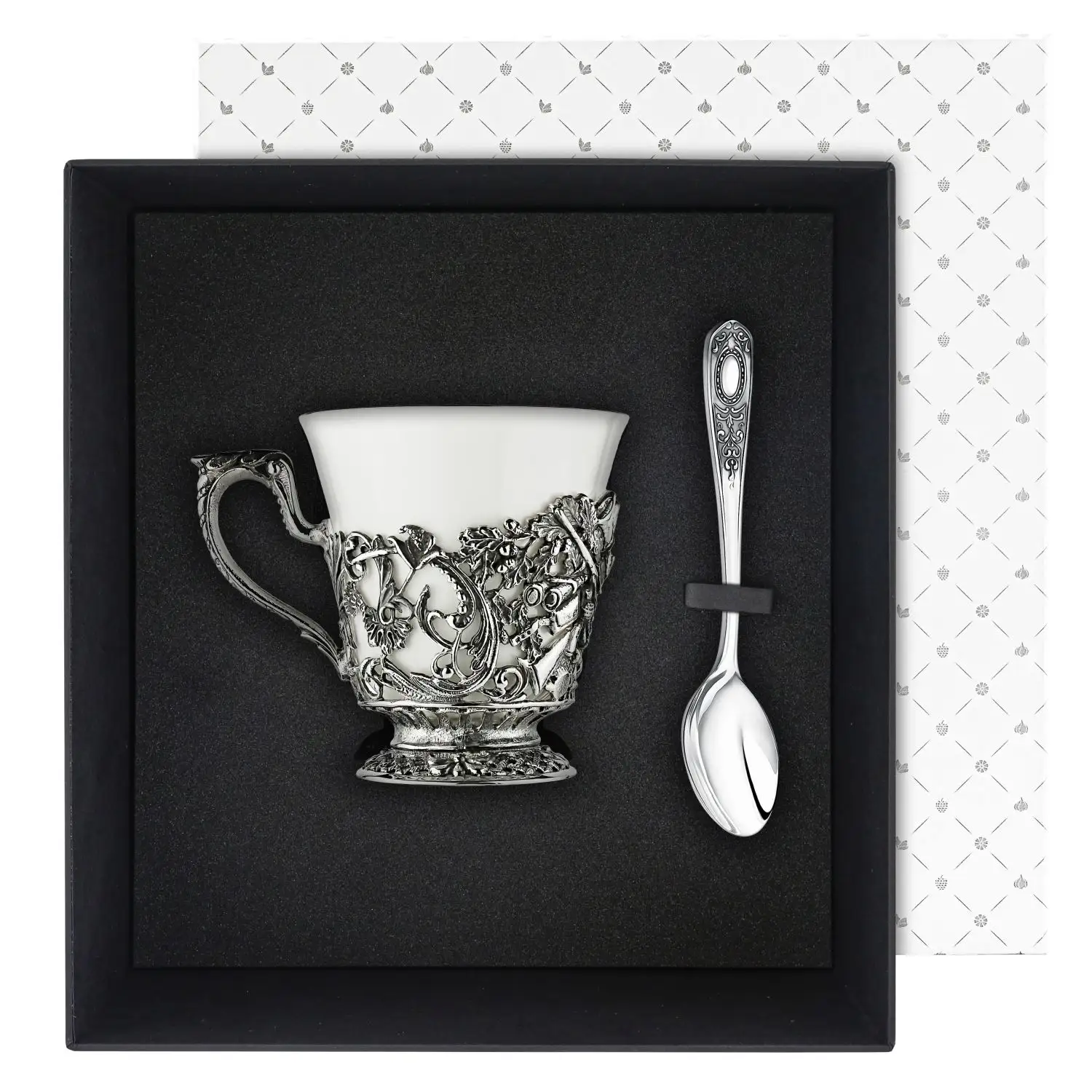 Набор чайная чашка Охотничья: ложка, чашка посеребренный с чернением ложка чайная охотничья из чернёного серебра