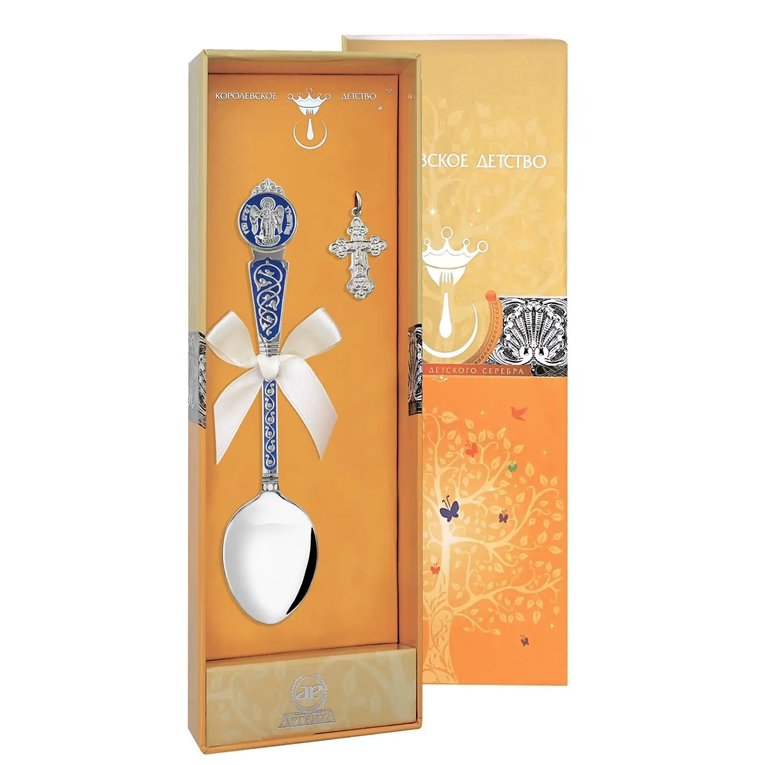 Набор Крестильный Ангел Хранитель: крестик и ложка с синей с эмалью (Серебро 925) набор крестильный с ложкой ангел хранитель из серебра с эмалью