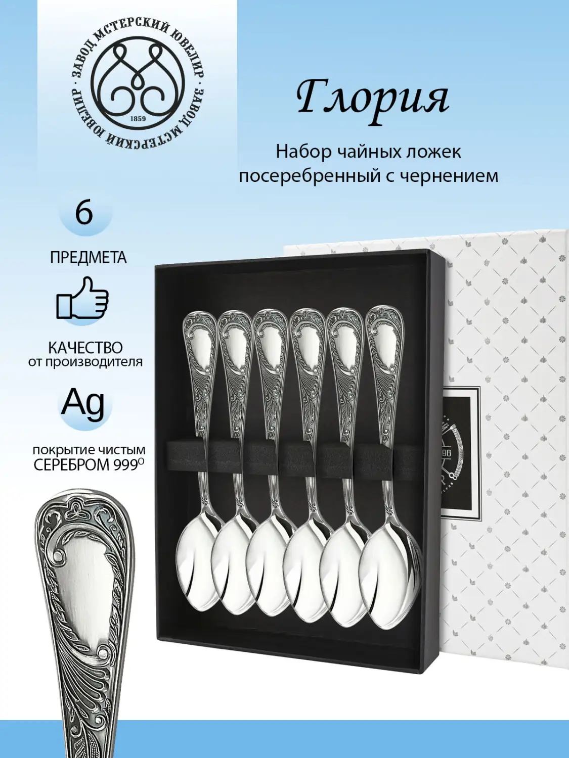 Набор чайных ложек "Глория" с чернением 6 предметов