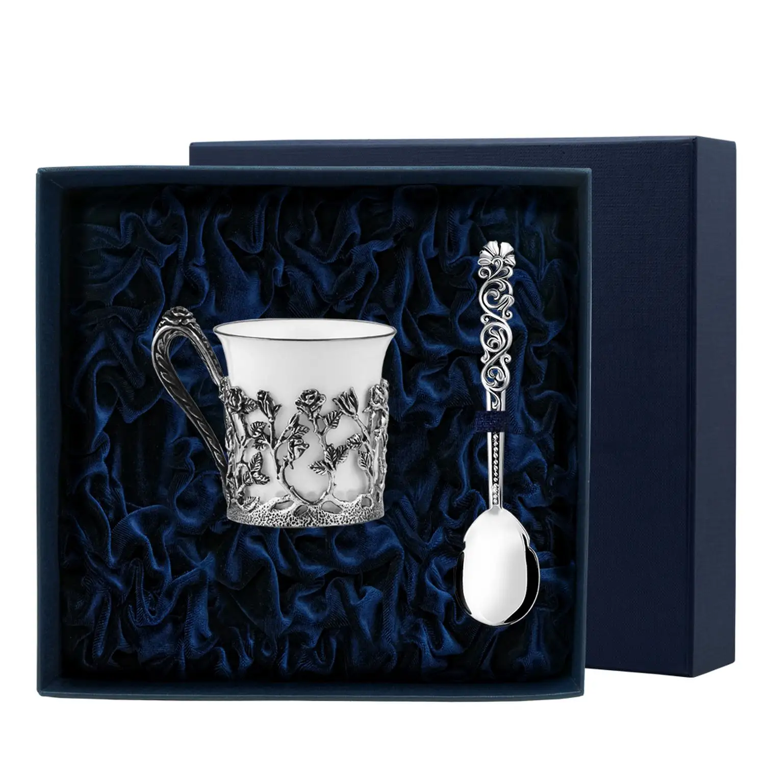 Набор кофейная чашкаРоза: ложка, чашка (Серебро 925) чашка кофейная роза из чернёного серебра