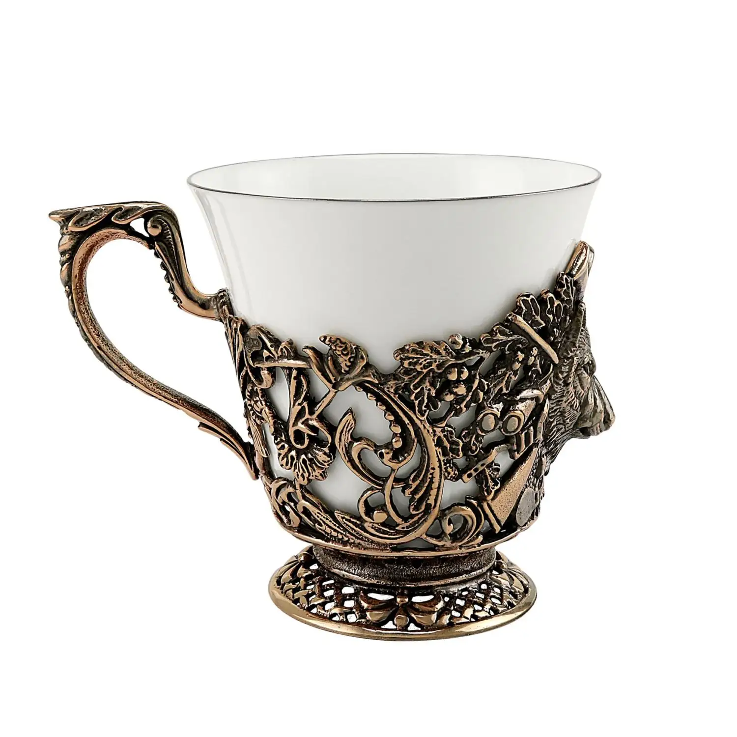 Набор чашек чайных "Волк Медведь" медный с чернением 4 предмета (чашка+ложка)