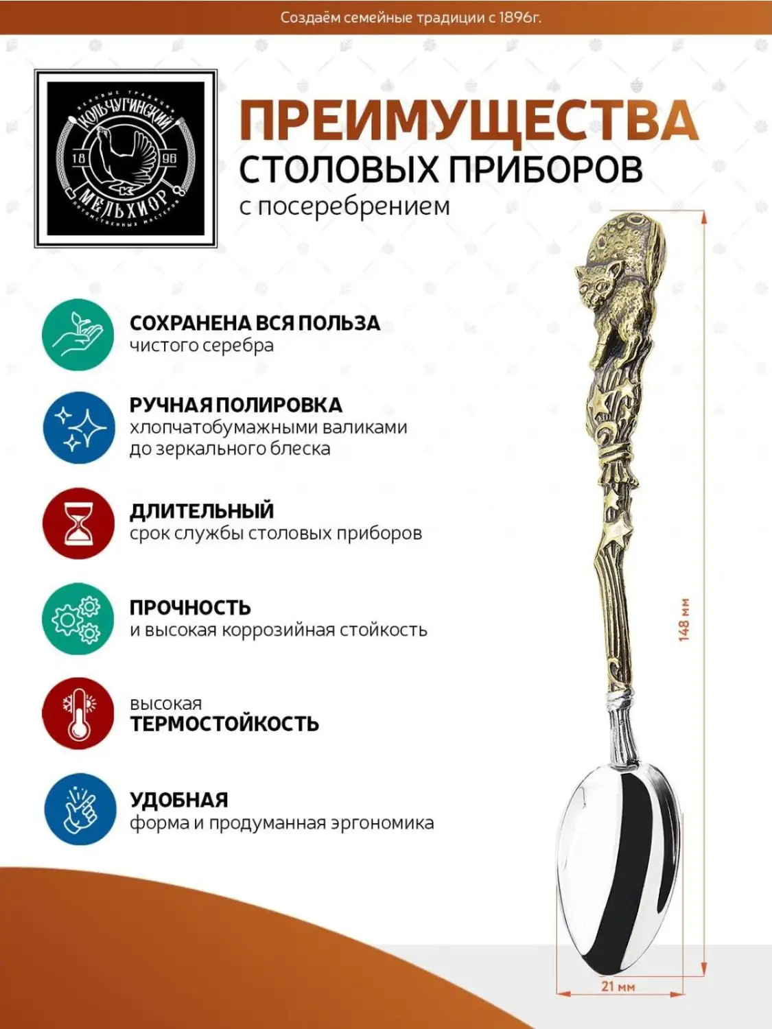 Ложка чайная "Волшебный кот" латунная с посеребренным яблочком 