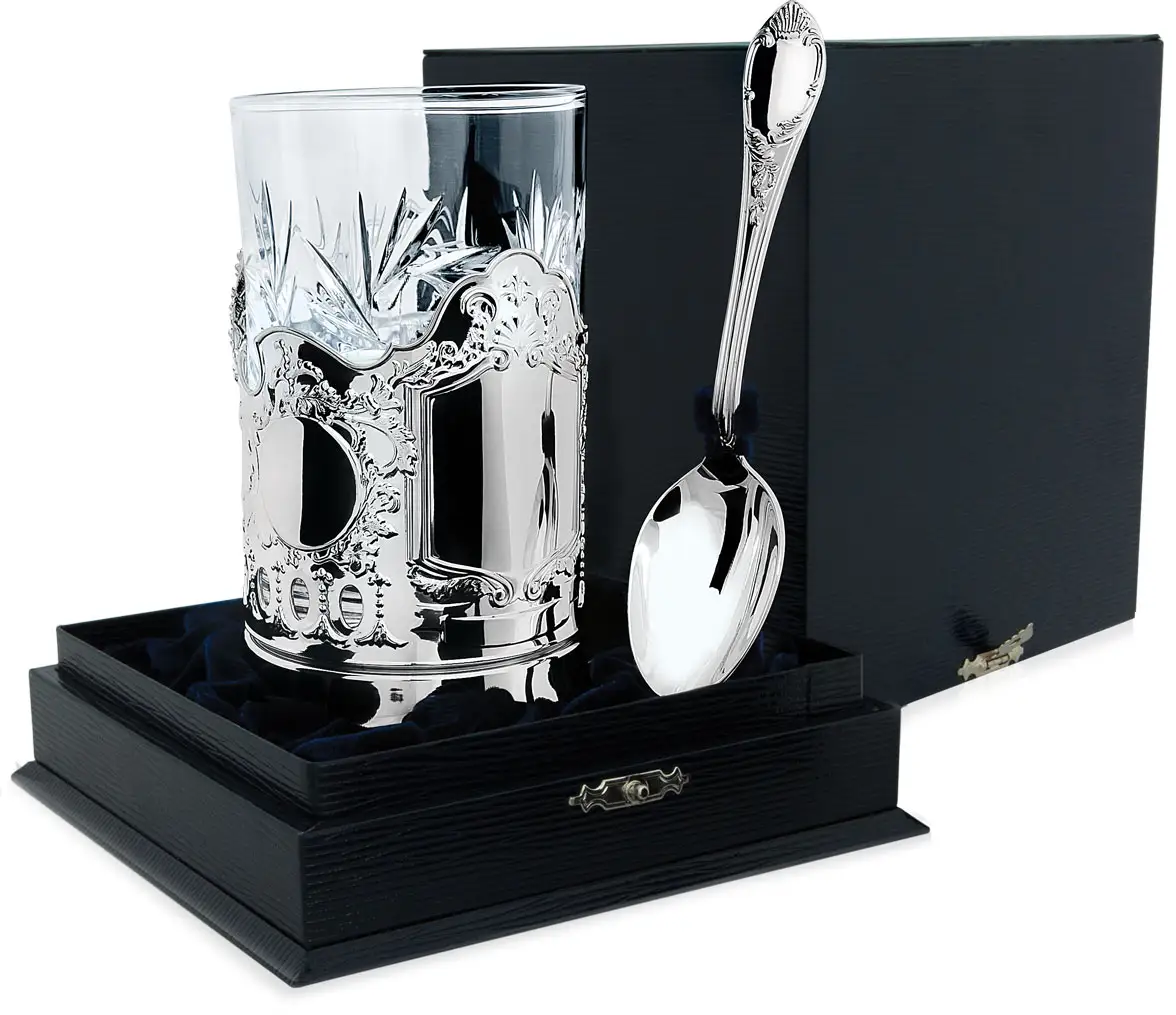 Набор для чая Меценат: ложка, стакан, подстаканник (Серебро 925) набор для чая георгий победоносец ложка стакан подстаканник серебро 925