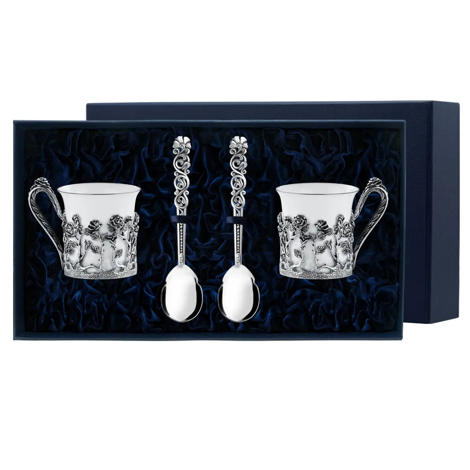 Набор кофейных чашек Роза: ложка, чашка (Серебро 925) набор серебряных кофейных чашек богема