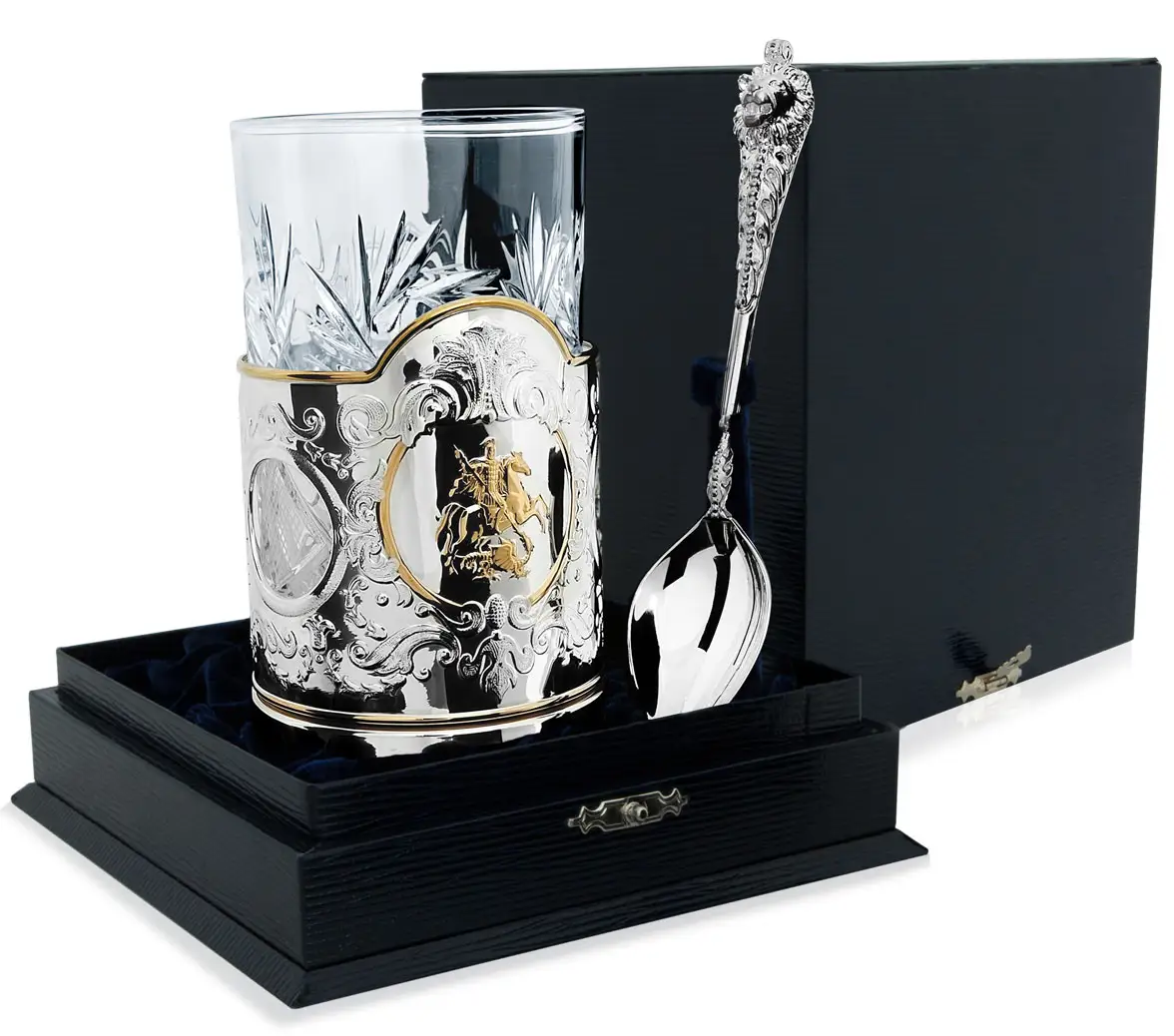 Набор для чая Георгий Победоносец : ложка, стакан, подстаканник с позолотой (Серебро 925) подстаканник георгий победоносец стакан d 6 1 см латунный
