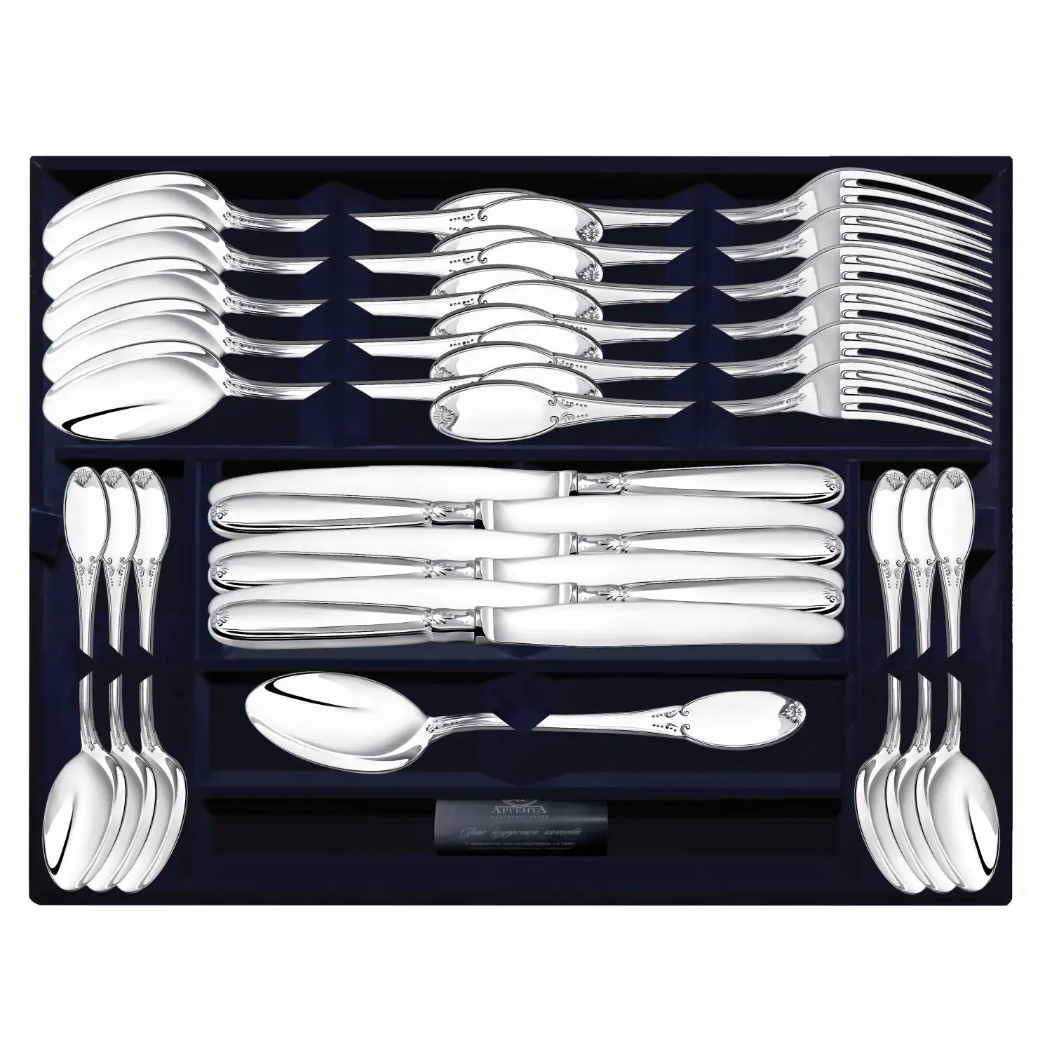 Набор столовый Гладкий облегченный 24 предмета : вилка, ложка, нож, чайная ложка (Серебро 925)