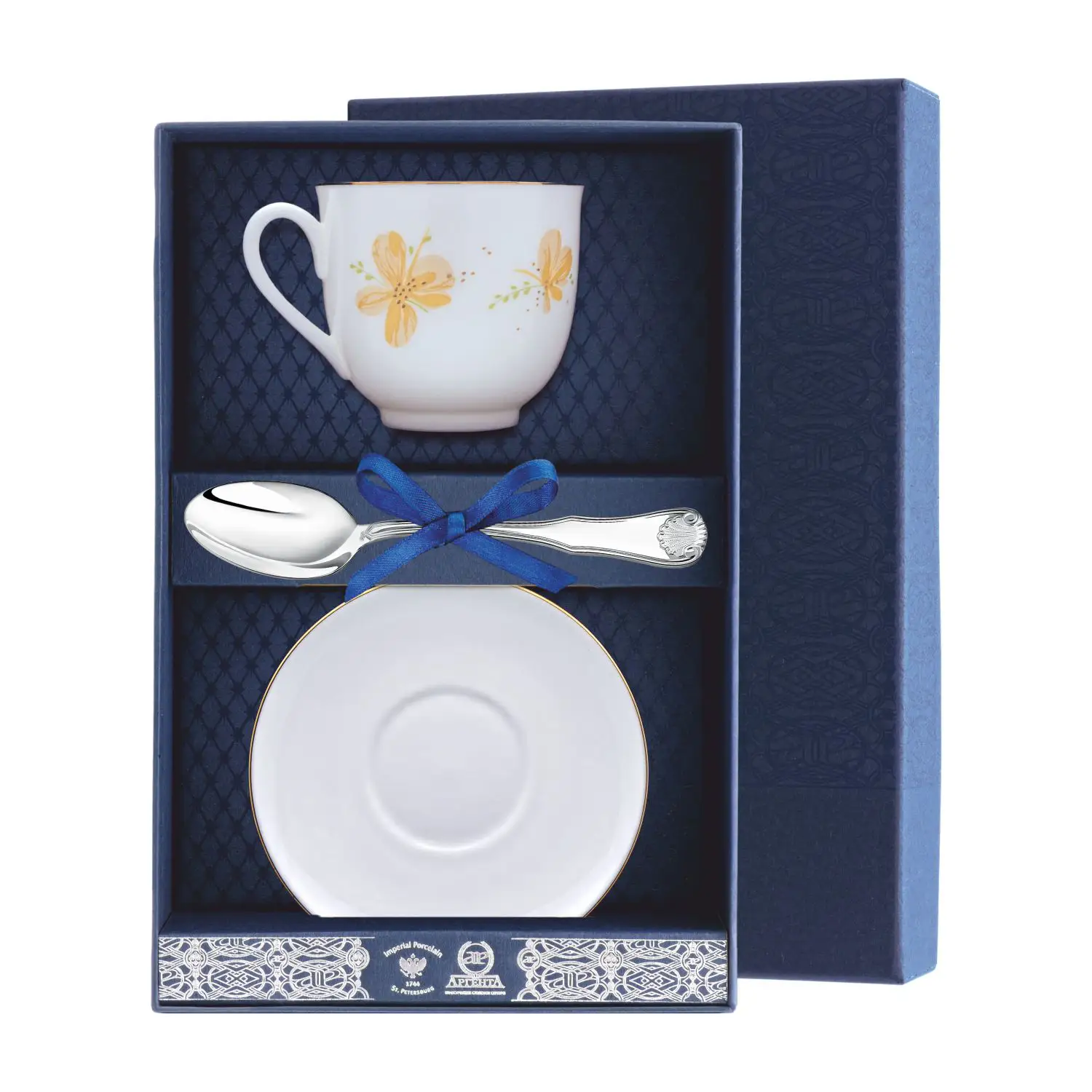 Набор чайный Ландыш - Желтые цветы: блюдце, ложка, чашка (Серебро 925) набор чайный ландыш желтые цветы ложка рамка для фото чашка серебро 925